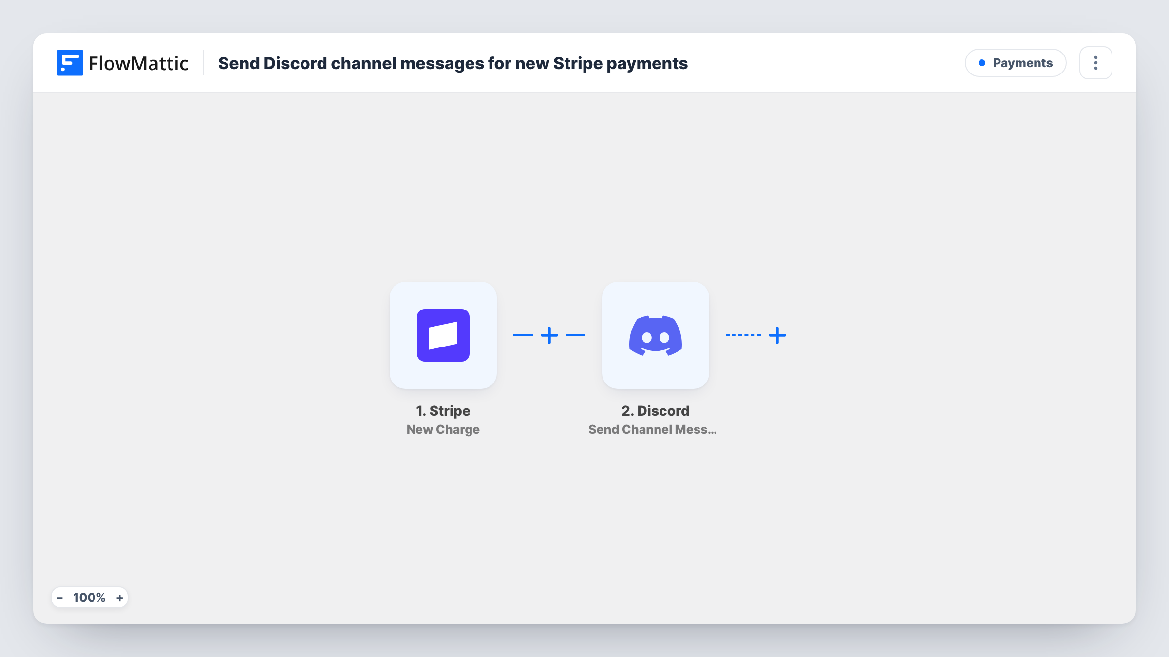 The Send Discord channel messages for new Stripe payments workflow on the FlowMattic canvas, with 2 steps across Stripe, Discord