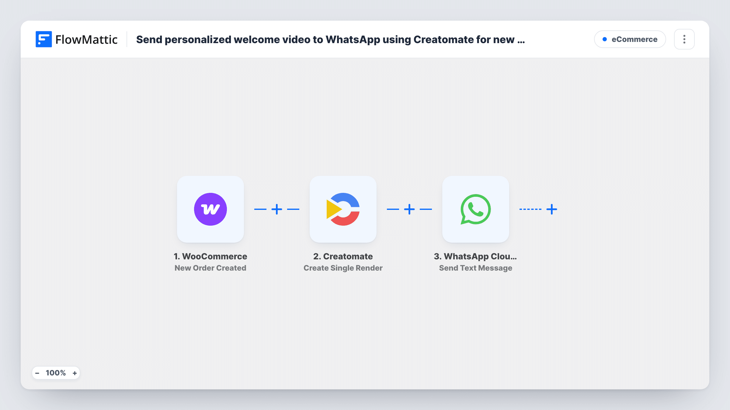 The Send personalized welcome video to WhatsApp using Creatomate for new order in WooCommerce workflow on the FlowMattic canvas, with 3 steps across WooCommerce, Creatomate, WhatsApp Cloud API
