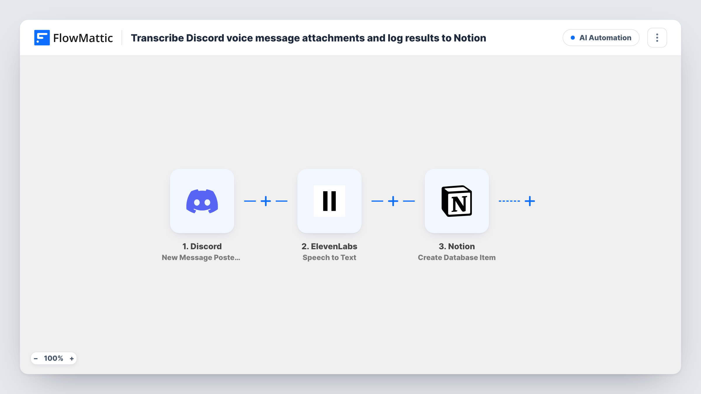 The Transcribe Discord voice message attachments and log results to Notion workflow on the FlowMattic canvas, with 3 steps across Discord, ElevenLabs, Notion