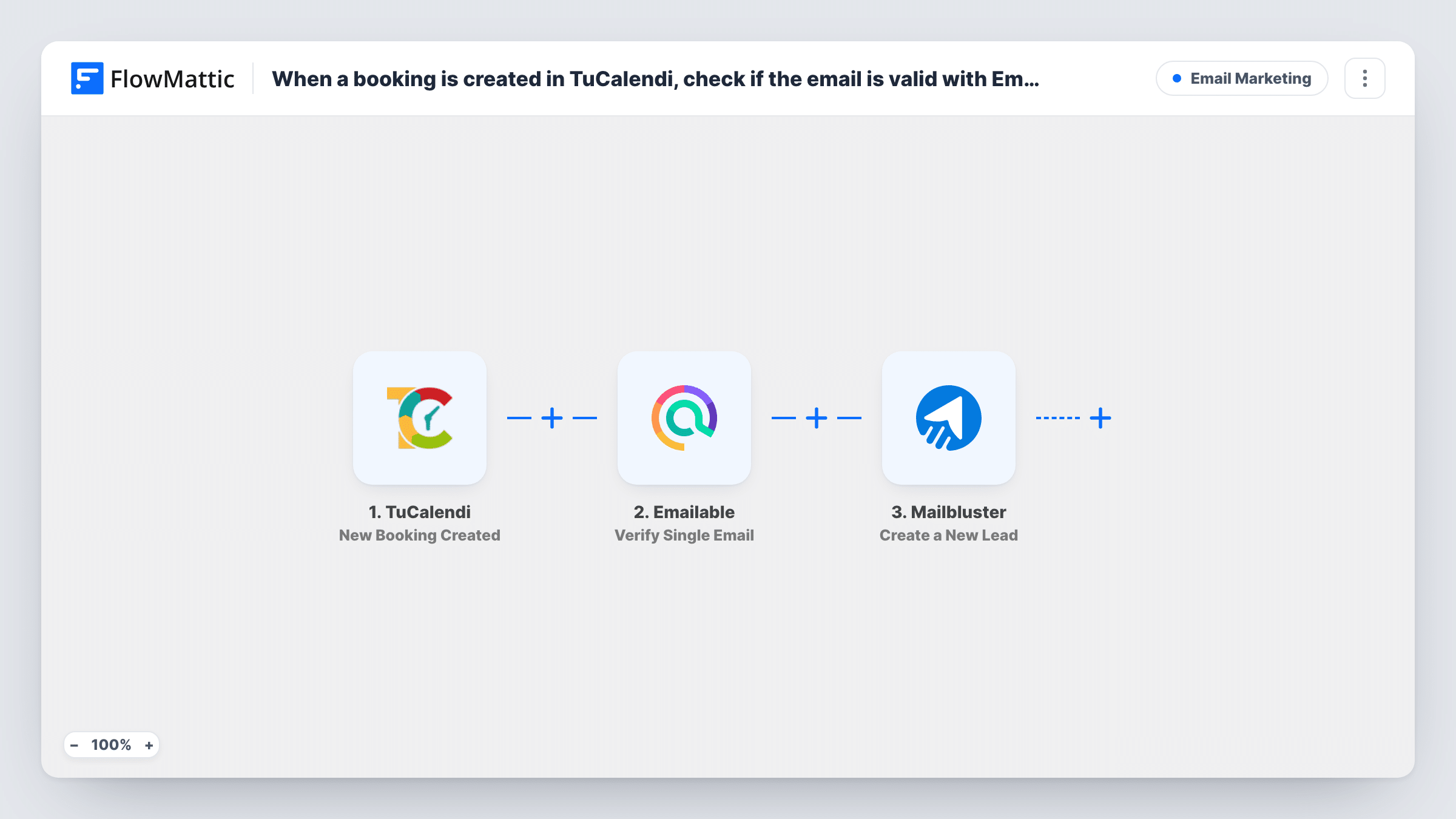 The When a booking is created in TuCalendi, check if the email is valid with Emailable, and create a new lead in Maillbluster workflow on the FlowMattic canvas, with 3 steps across TuCalendi, Emailable, Mailbluster
