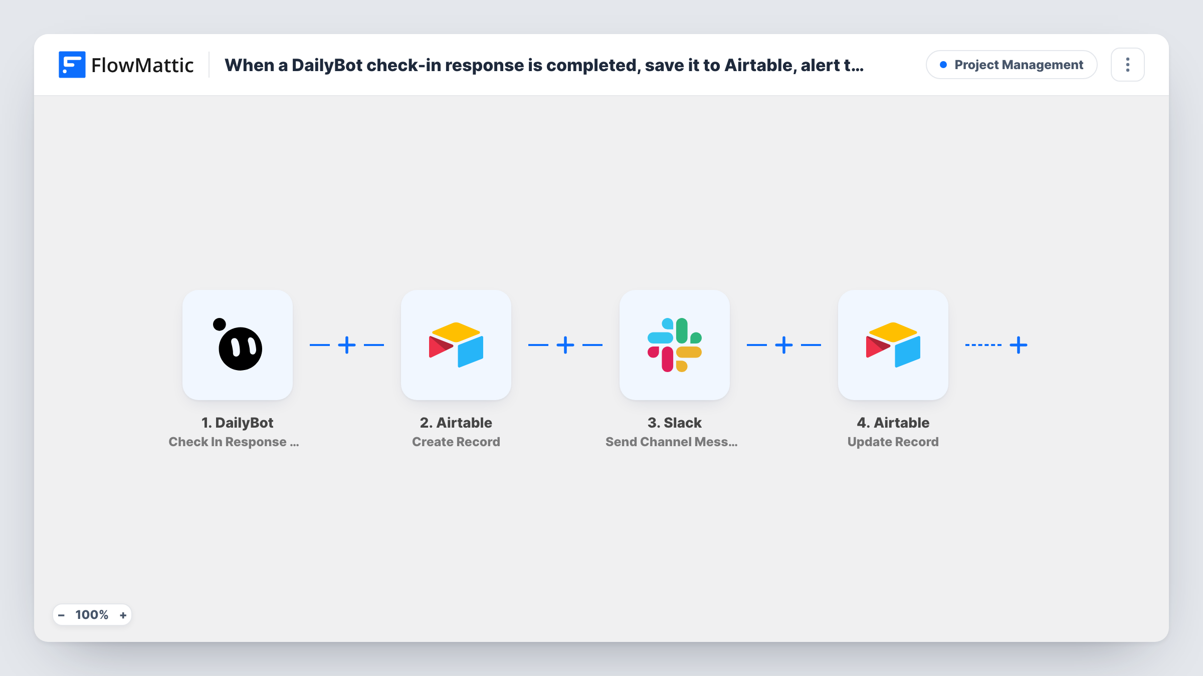 The When a DailyBot check-in response is completed, save it to Airtable, alert the manager in Slack, then update the Airtable status workflow on the FlowMattic canvas, with 4 steps across DailyBot, Airtable, Slack