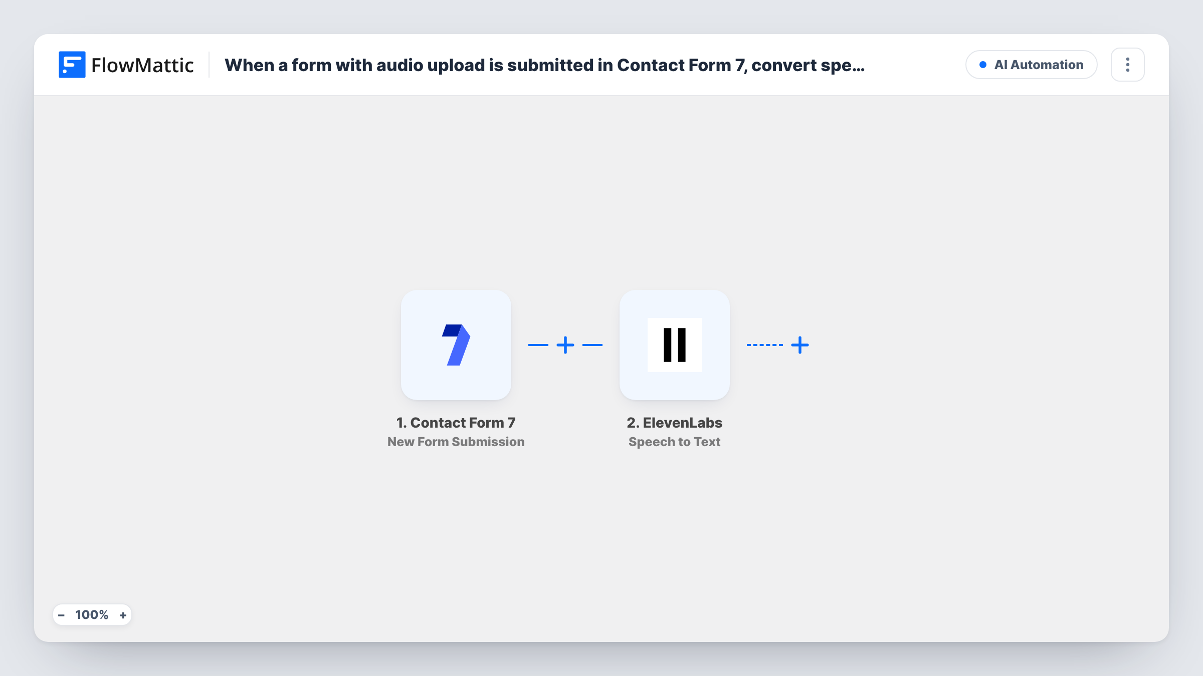 The When a form with audio upload is submitted in Contact Form 7, convert speech to text in ElevenLabs workflow on the FlowMattic canvas, with 2 steps across Contact Form 7, ElevenLabs