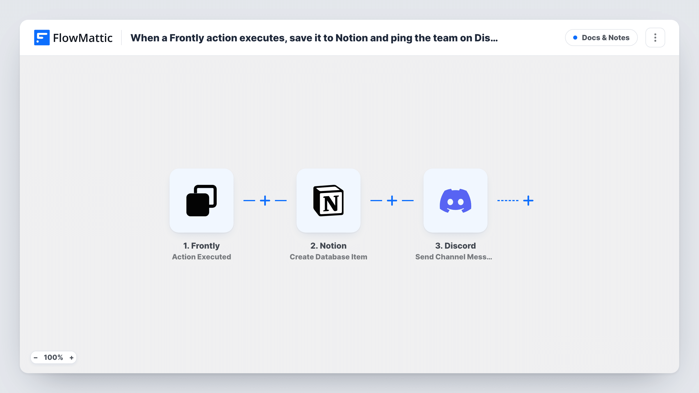 The When a Frontly action executes, save it to Notion and ping the team on Discord workflow on the FlowMattic canvas, with 3 steps across Frontly, Notion, Discord