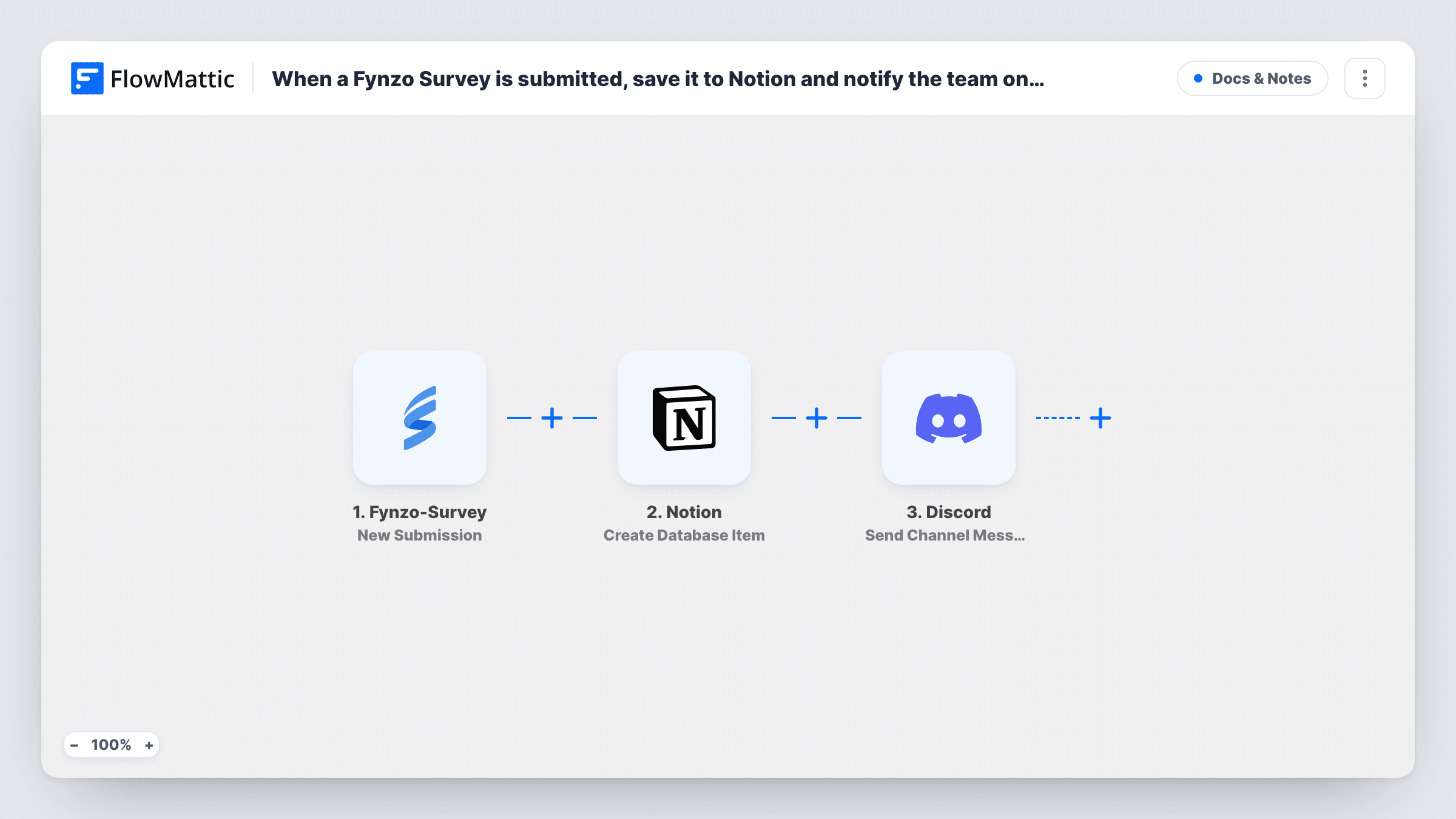 The When a Fynzo Survey is submitted, save it to Notion and notify the team on Discord workflow on the FlowMattic canvas, with 3 steps across Fynzo-Survey, Notion, Discord