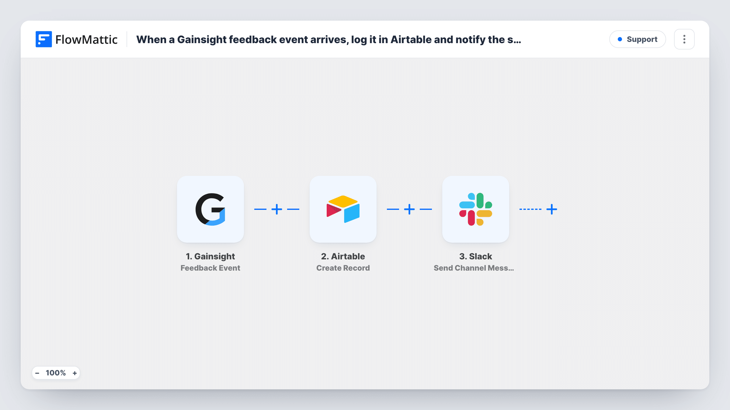 When a Gainsight feedback event arrives, log it in Airtable and notify the success team in Slack