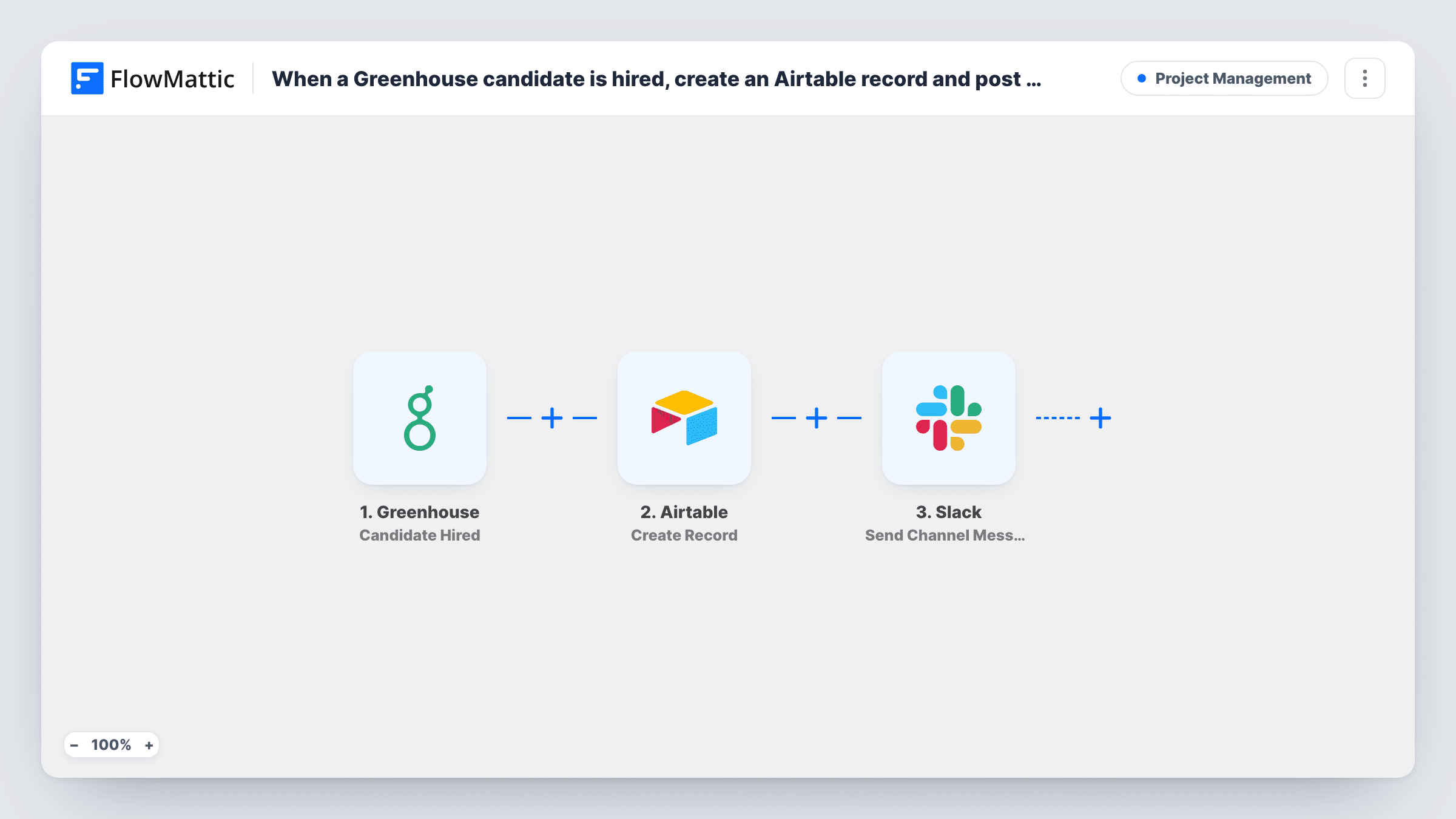 The When a Greenhouse candidate is hired, create an Airtable record and post a Slack announcement workflow on the FlowMattic canvas, with 3 steps across Greenhouse, Airtable, Slack