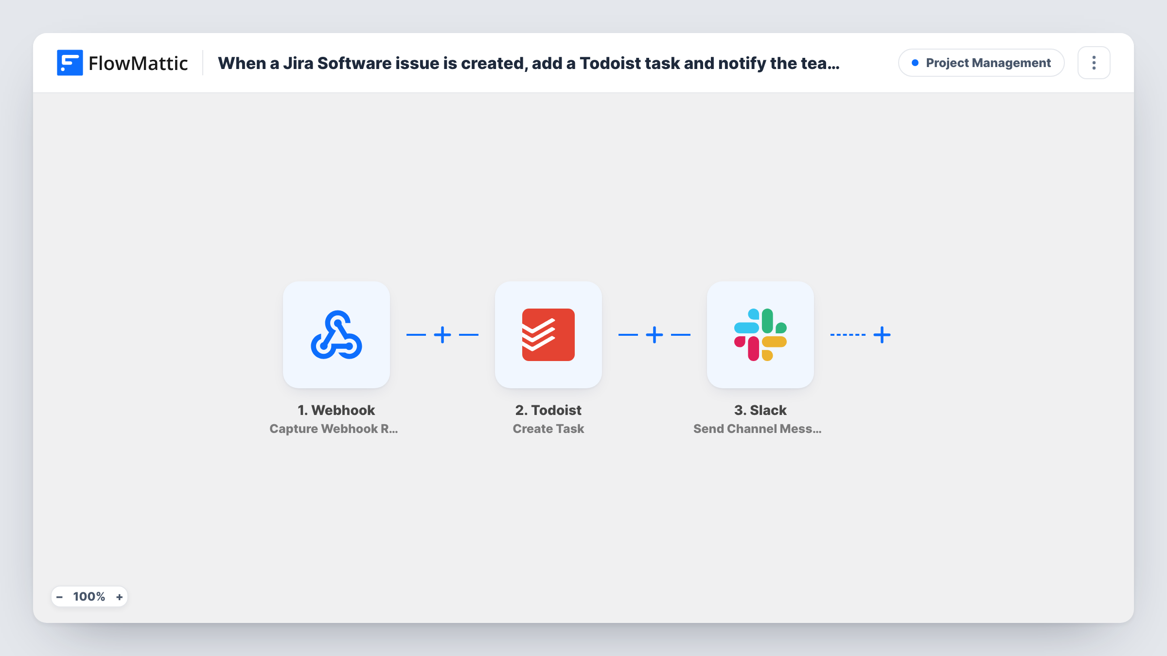 The When a Jira Software issue is created, add a Todoist task and notify the team in Slack workflow on the FlowMattic canvas, with 3 steps across Webhook, Todoist, Slack