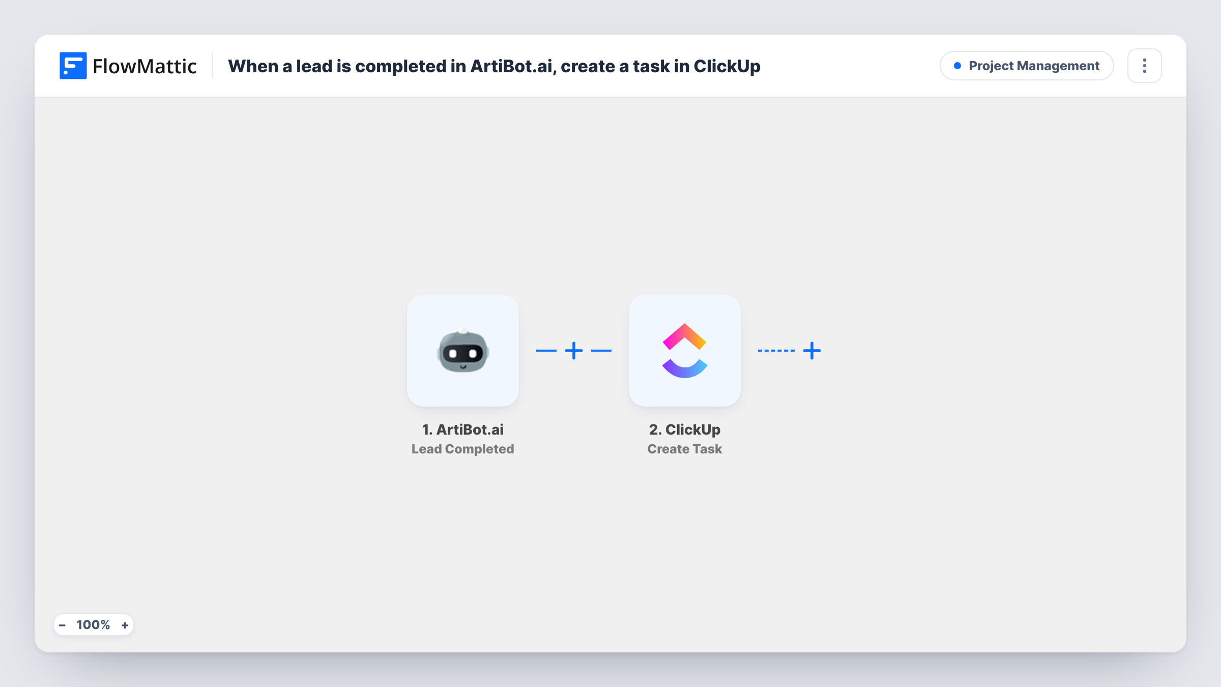The When a lead is completed in ArtiBot.ai, create a task in ClickUp workflow on the FlowMattic canvas, with 2 steps across ArtiBot.ai, ClickUp