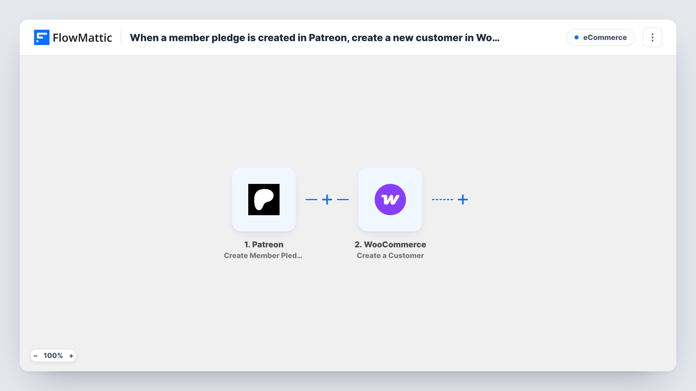 The ​When a member pledge is created in Patreon, create a new customer in WooCommerce workflow on the FlowMattic canvas, with 2 steps across Patreon, WooCommerce