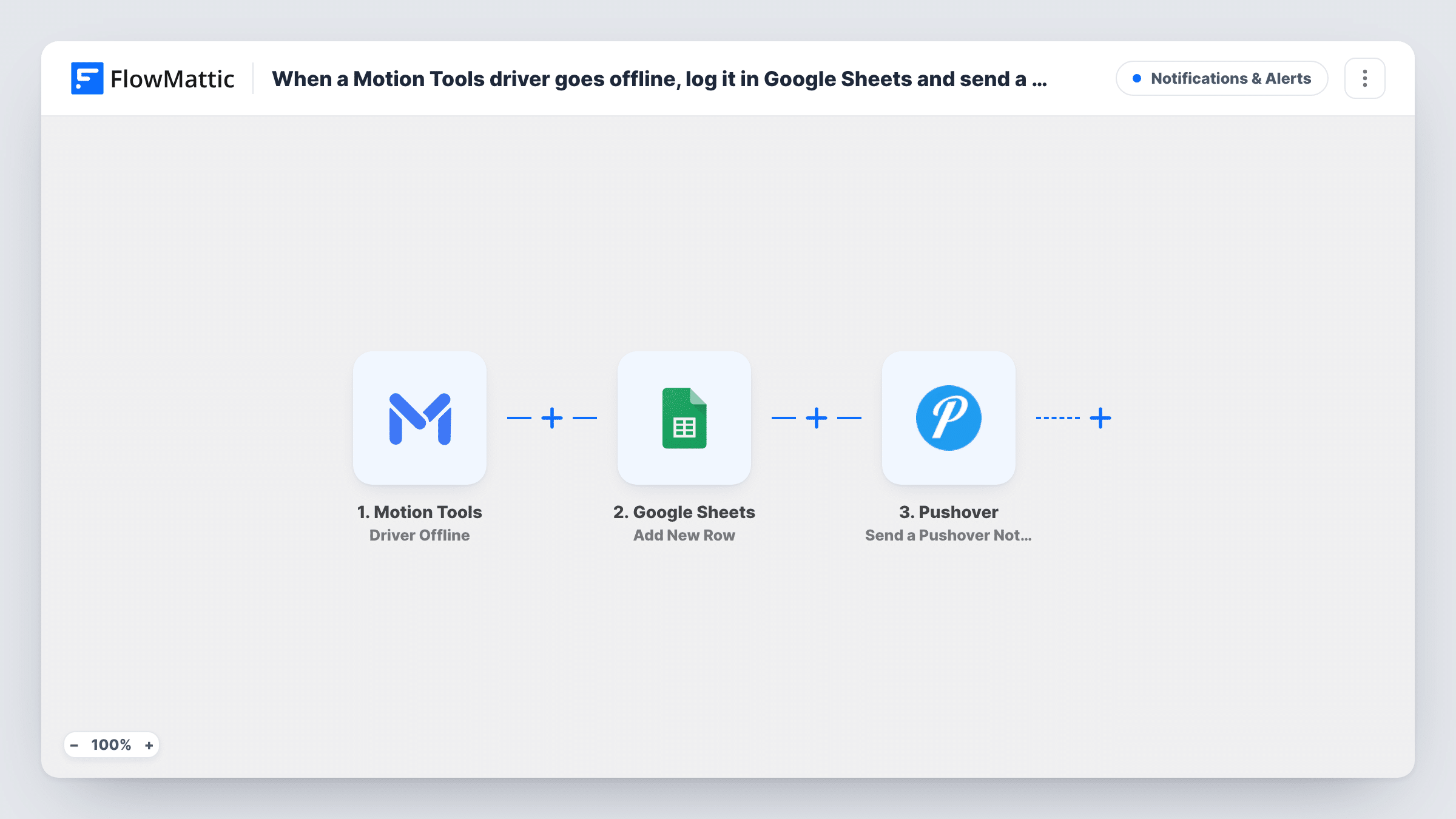 When a Motion Tools driver goes offline, log it in Google Sheets and send a Pushover alert