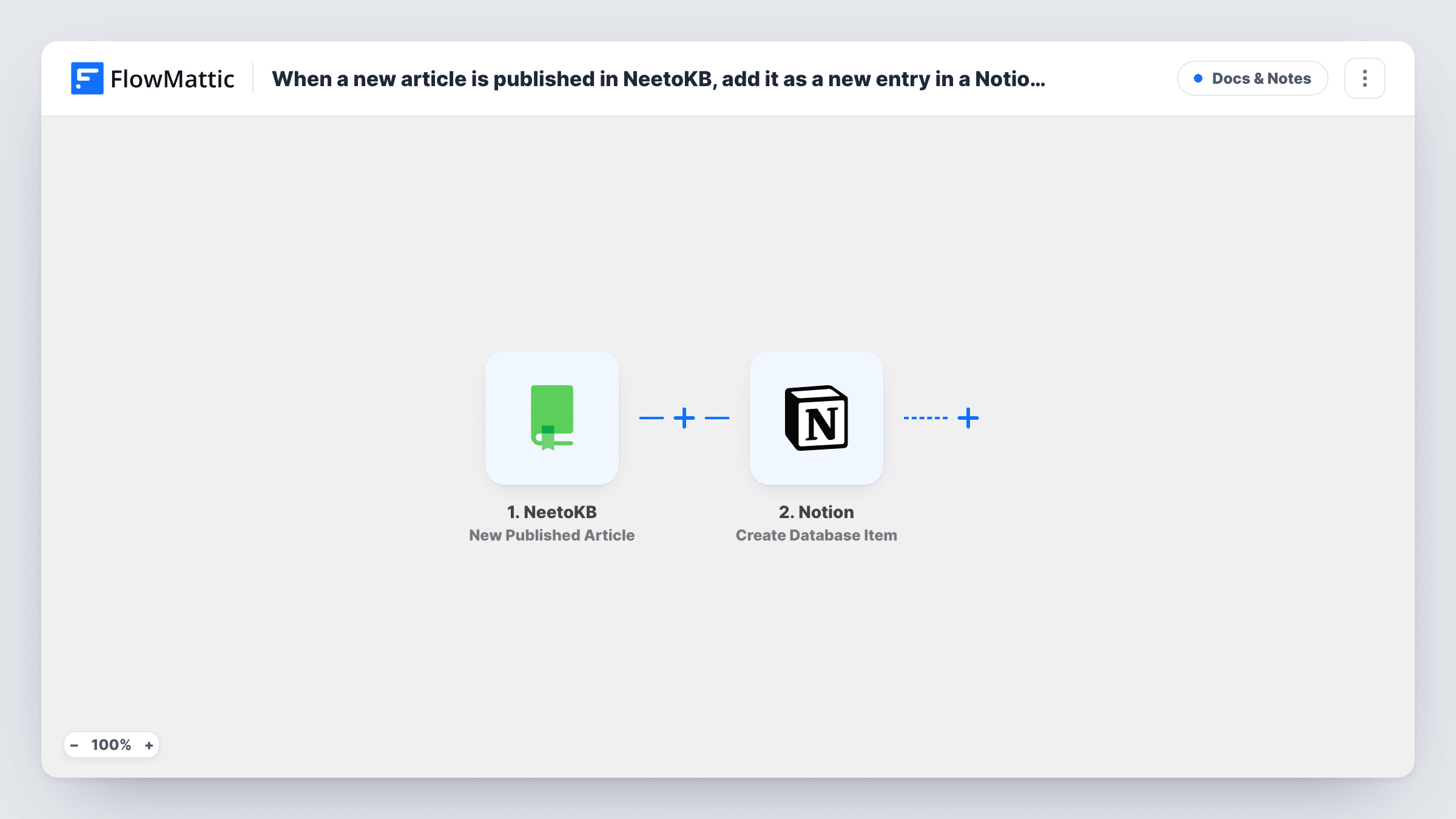 The When a new article is published in NeetoKB, add it as a new entry in a Notion database workflow on the FlowMattic canvas, with 2 steps across NeetoKB, Notion