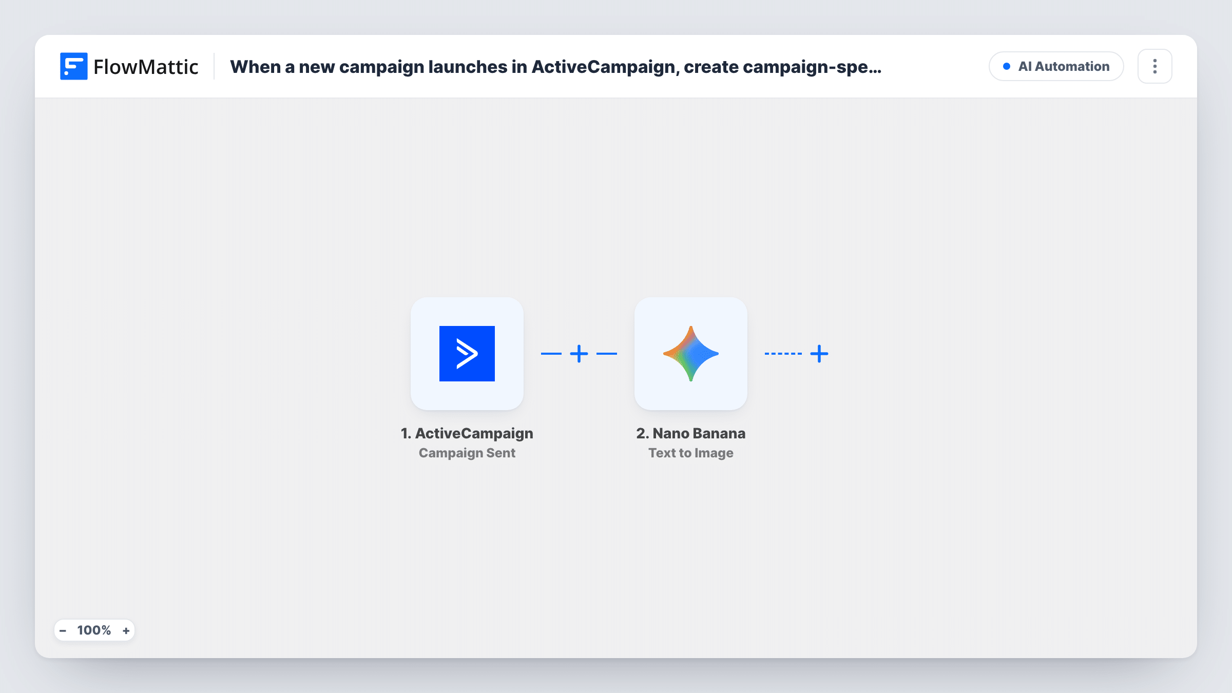 The When a new campaign launches in ActiveCampaign, create campaign-specific graphics in Nano Banana workflow on the FlowMattic canvas, with 2 steps across ActiveCampaign, Nano Banana
