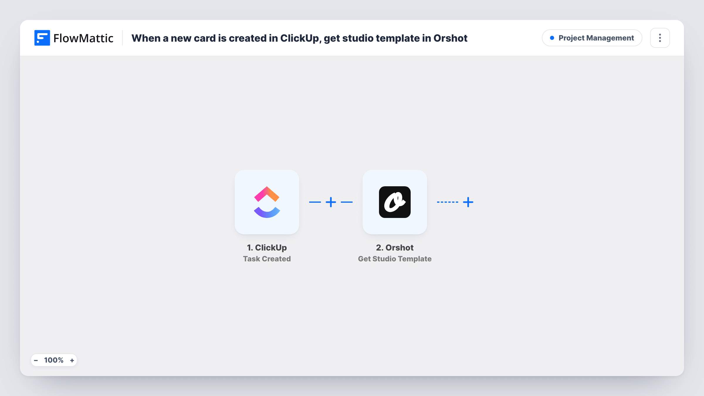 The When a new card is created in ClickUp, get studio template in Orshot workflow on the FlowMattic canvas, with 2 steps across ClickUp, Orshot