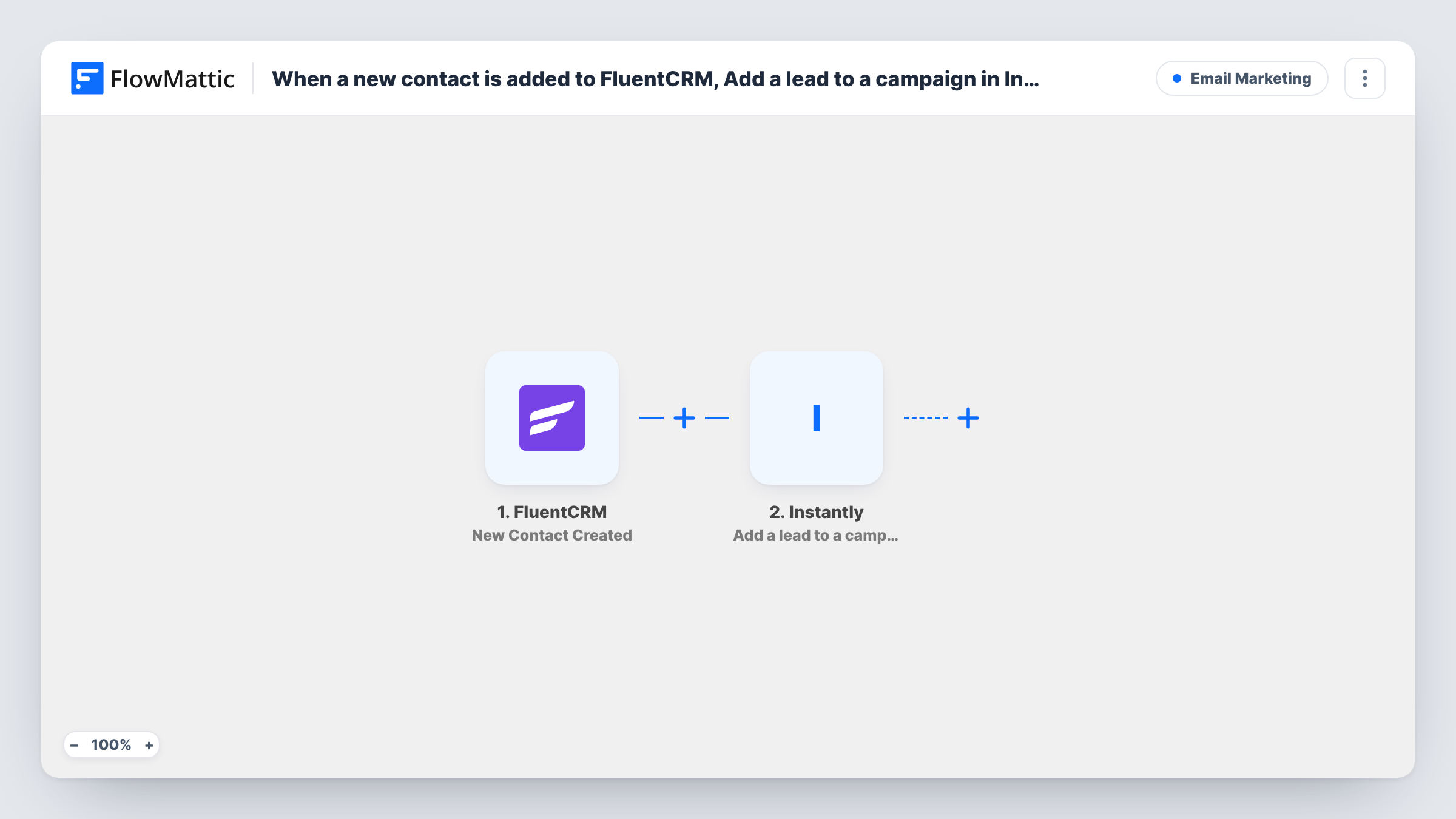 The When a new contact is added to FluentCRM, Add a lead to a campaign in Instantly workflow on the FlowMattic canvas, with 2 steps across FluentCRM, Instantly