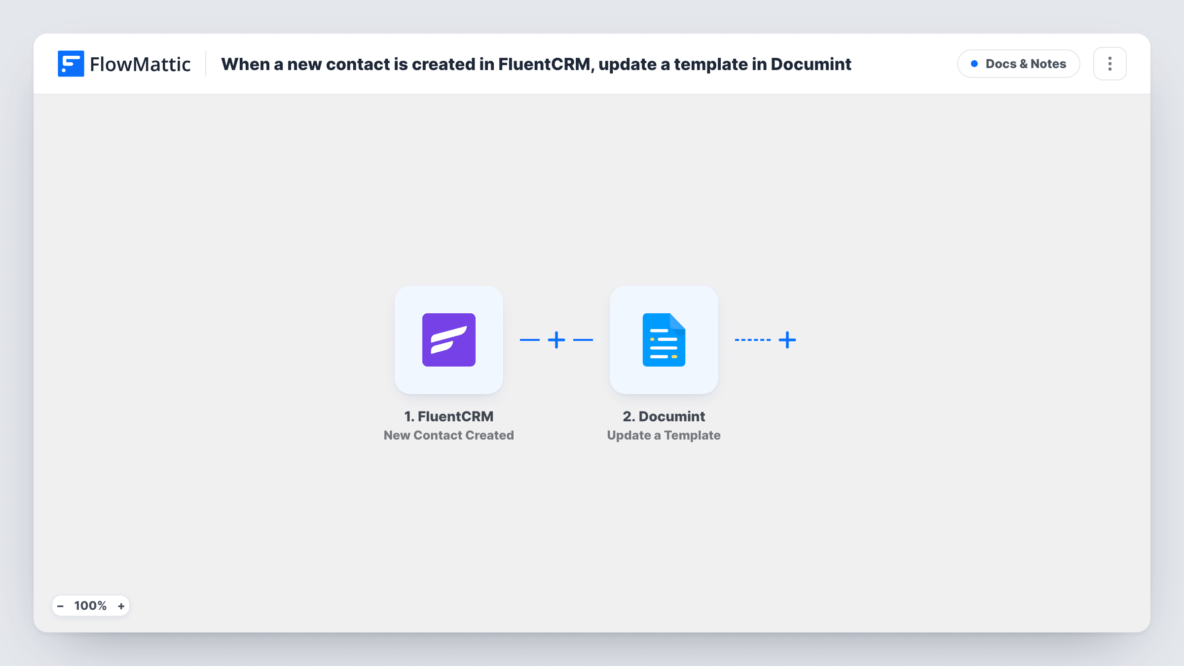 The When a new contact is created in FluentCRM, update a template in Documint workflow on the FlowMattic canvas, with 2 steps across FluentCRM, Documint