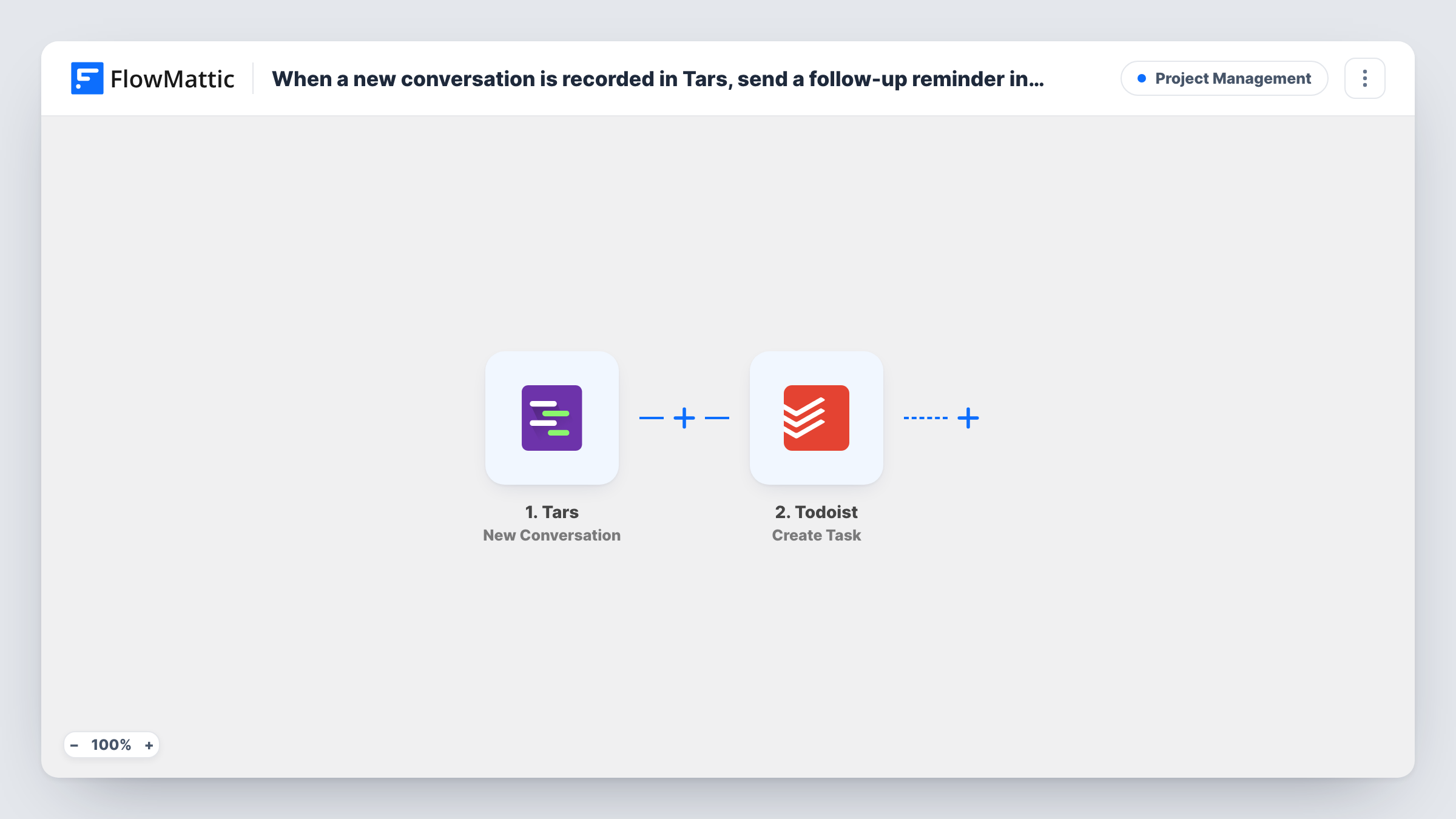 The When a new conversation is recorded in Tars, send a follow-up reminder in Todoist workflow on the FlowMattic canvas, with 2 steps across Tars, Todoist
