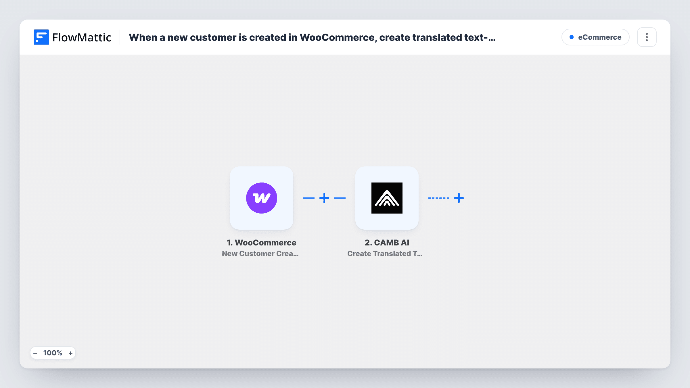 The When a new customer is created in WooCommerce, create translated text-to-speech in CAMB AI workflow on the FlowMattic canvas, with 2 steps across WooCommerce, CAMB AI