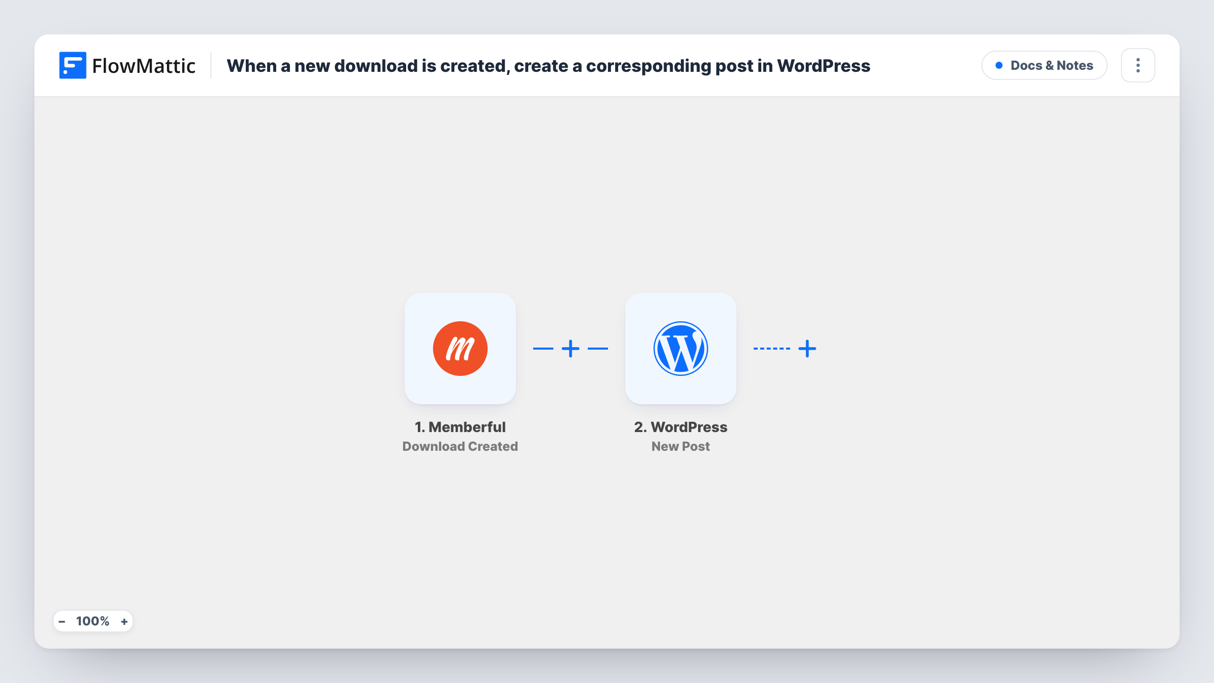 The When a new download is created, create a corresponding post in WordPress workflow on the FlowMattic canvas, with 2 steps across Memberful, WordPress