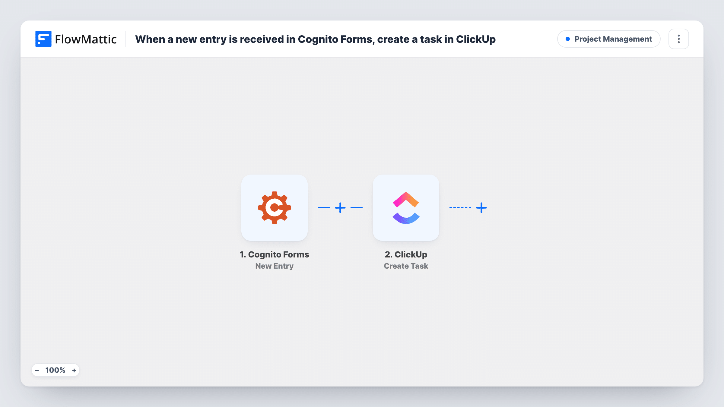 The When a new entry is received in Cognito Forms, create a task in ClickUp workflow on the FlowMattic canvas, with 2 steps across Cognito Forms, ClickUp