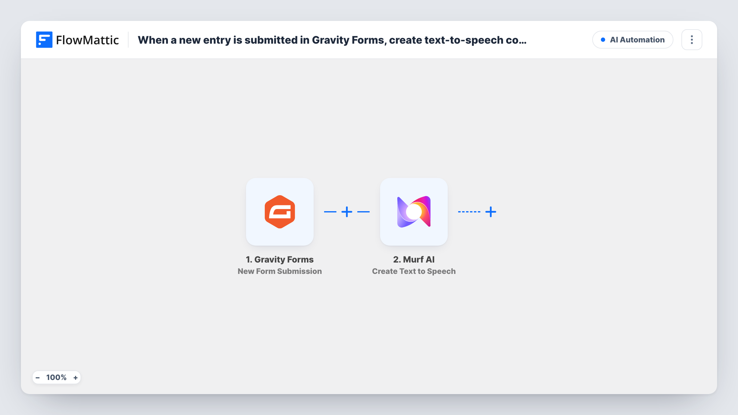 The When a new entry is submitted in Gravity Forms, create text-to-speech confirmation in Murf AI workflow on the FlowMattic canvas, with 2 steps across Gravity Forms, Murf AI