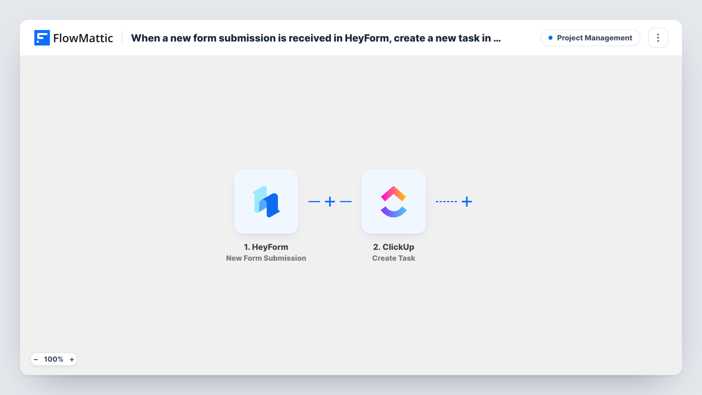 The When a new form submission is received in HeyForm, create a new task in ClickUp workflow on the FlowMattic canvas, with 2 steps across HeyForm, ClickUp