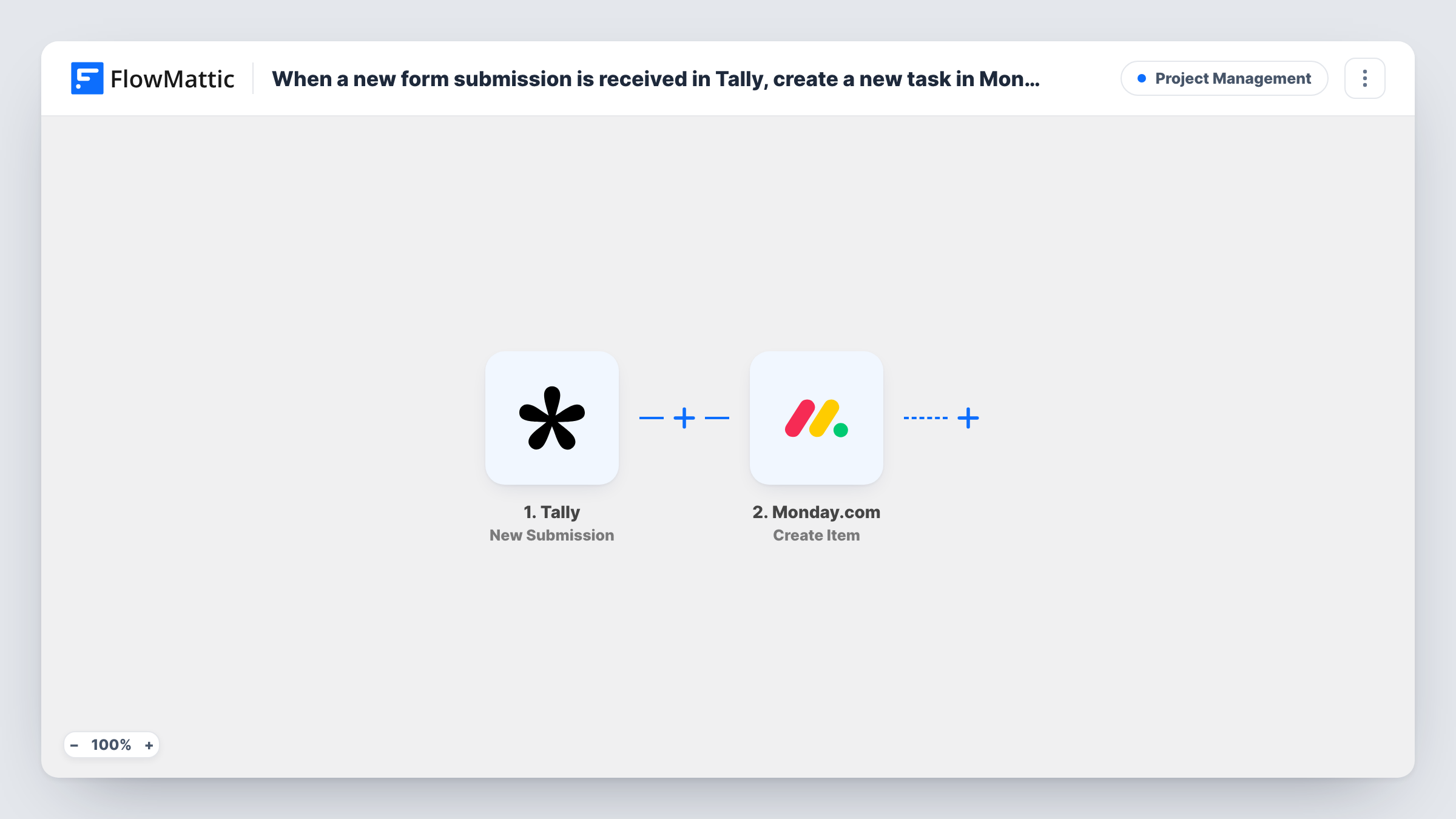 The When a new form submission is received in Tally, create a new task in ​Monday.com workflow on the FlowMattic canvas, with 2 steps across Tally, Monday.com
