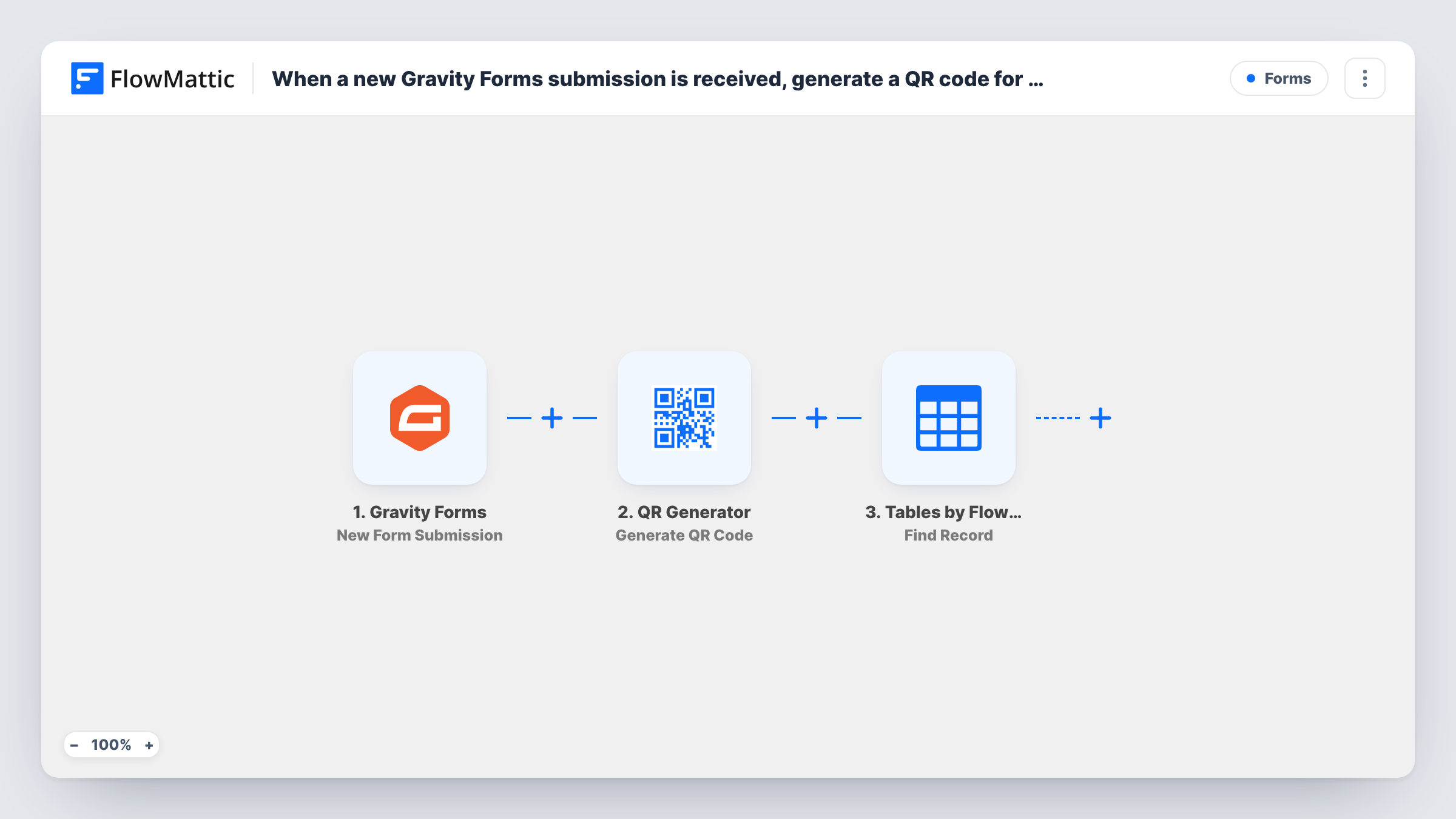 When a new Gravity Forms submission is received, generate a QR code for phone number in QR Generator, then add details to FlowMattic Tables