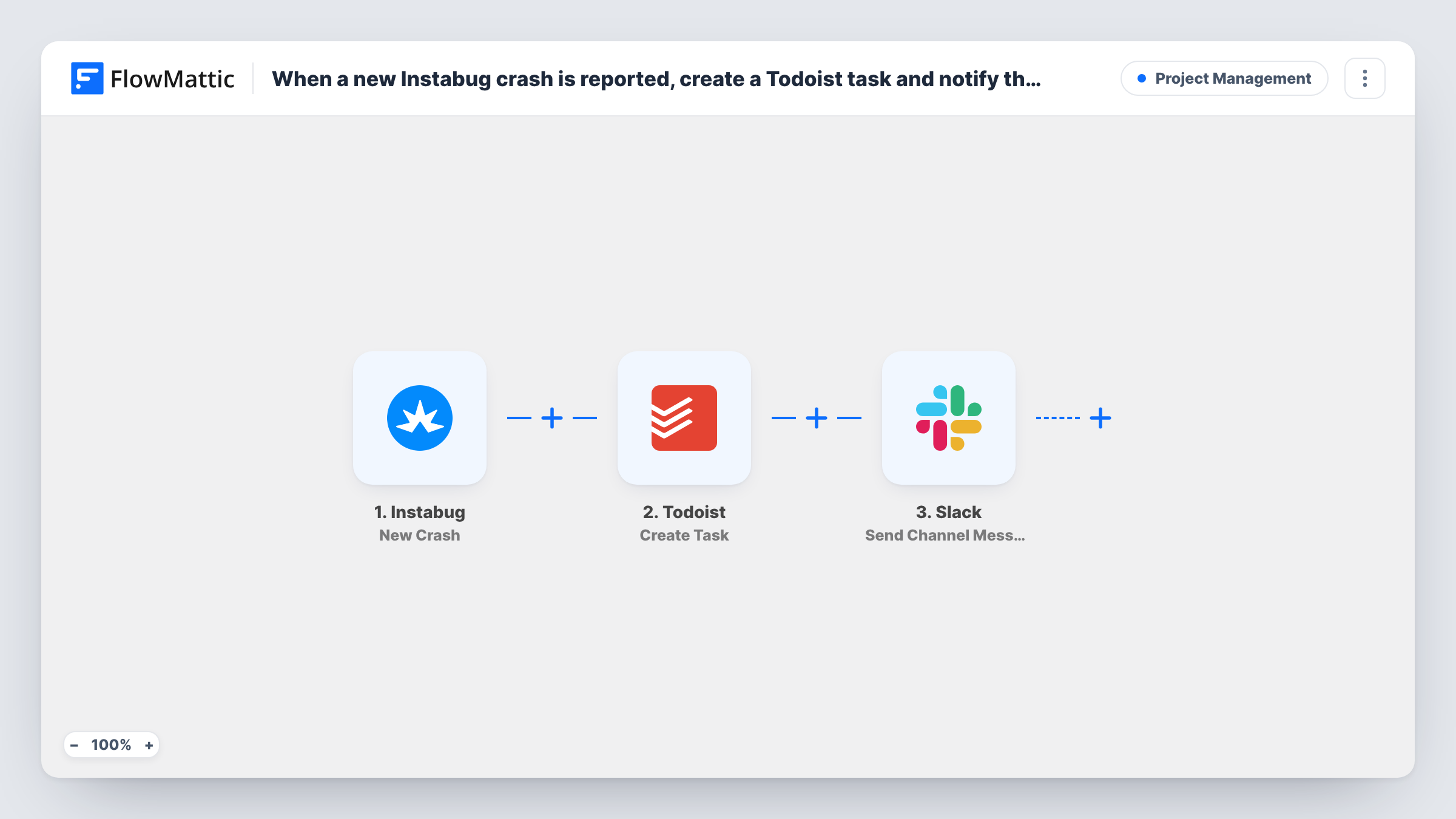The When a new Instabug crash is reported, create a Todoist task and notify the dev team in Slack workflow on the FlowMattic canvas, with 3 steps across Instabug, Todoist, Slack