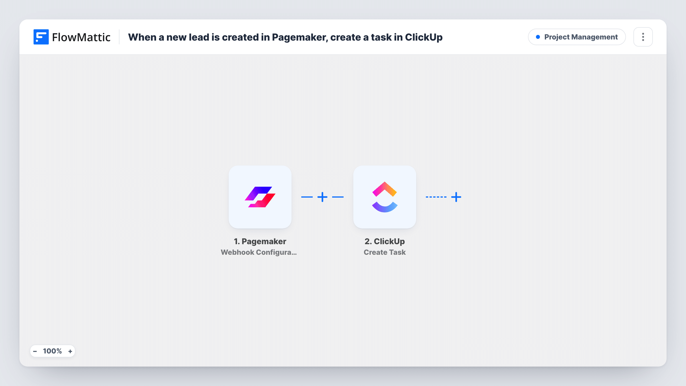 The When a new lead is created in Pagemaker, create a task in ClickUp workflow on the FlowMattic canvas, with 2 steps across Pagemaker, ClickUp