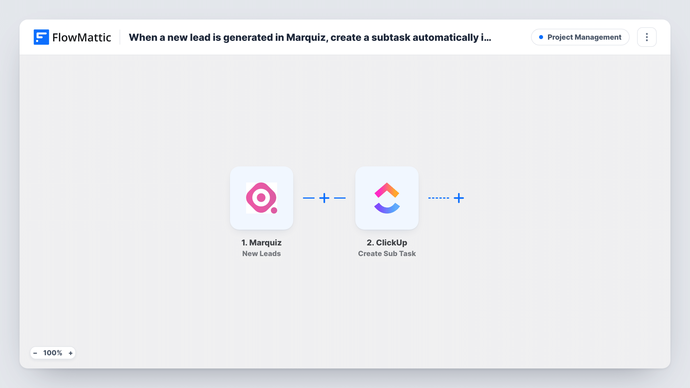 The When a new lead is generated in Marquiz, create a subtask automatically in ClickUp workflow on the FlowMattic canvas, with 2 steps across Marquiz, ClickUp