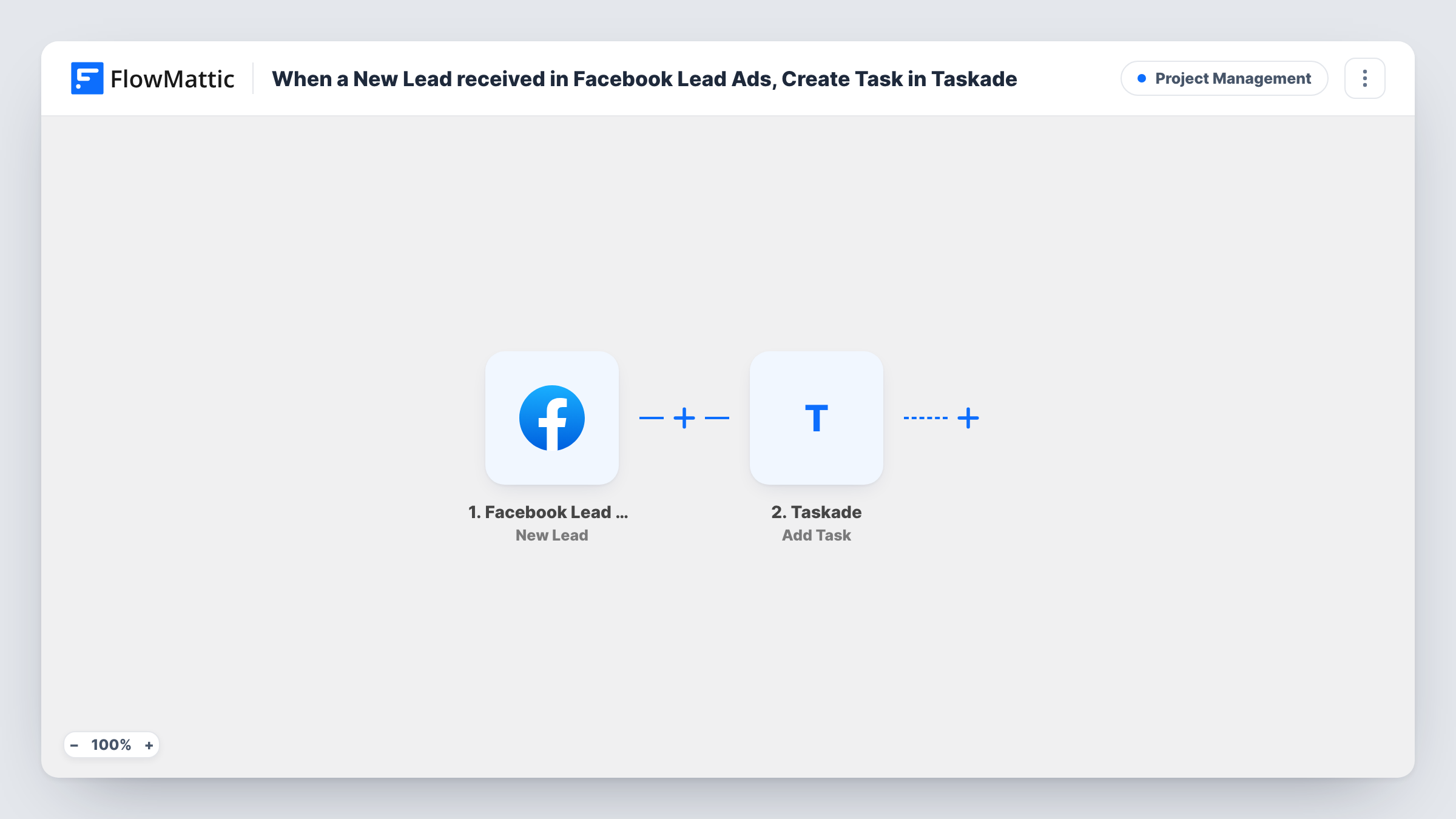 The When a New Lead received in Facebook Lead Ads, Create Task in Taskade workflow on the FlowMattic canvas, with 2 steps across Facebook Lead Ads, Taskade