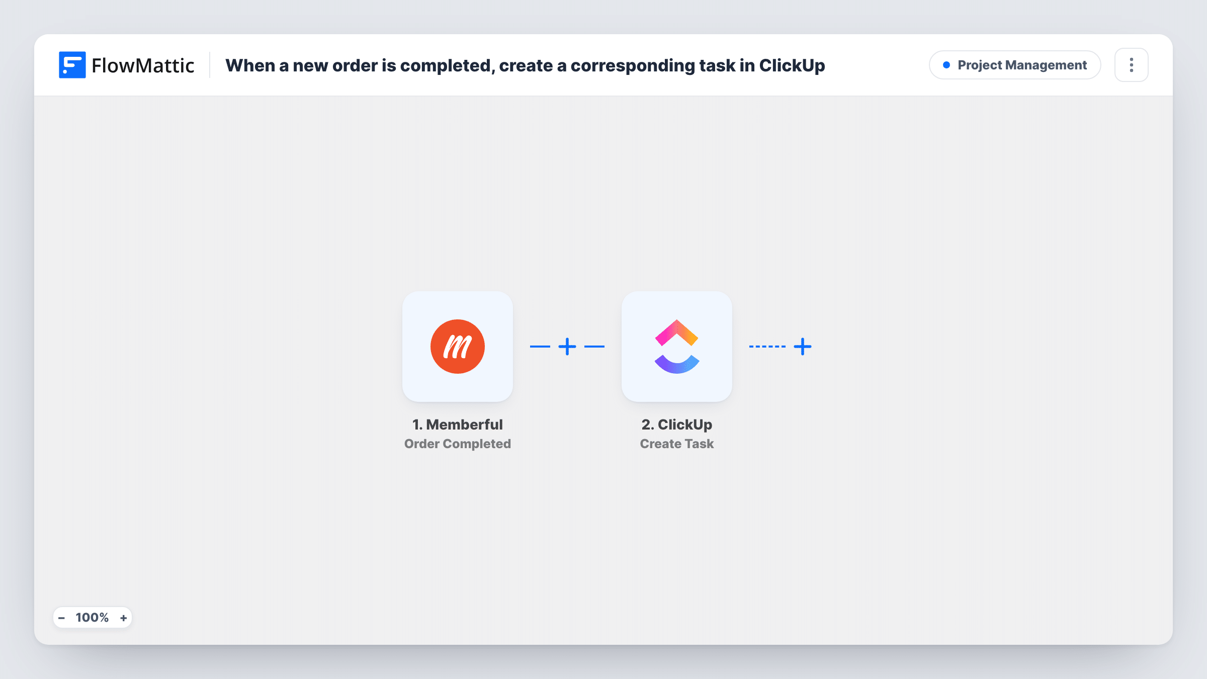 The When a new order is completed, create a corresponding task in ClickUp workflow on the FlowMattic canvas, with 2 steps across Memberful, ClickUp
