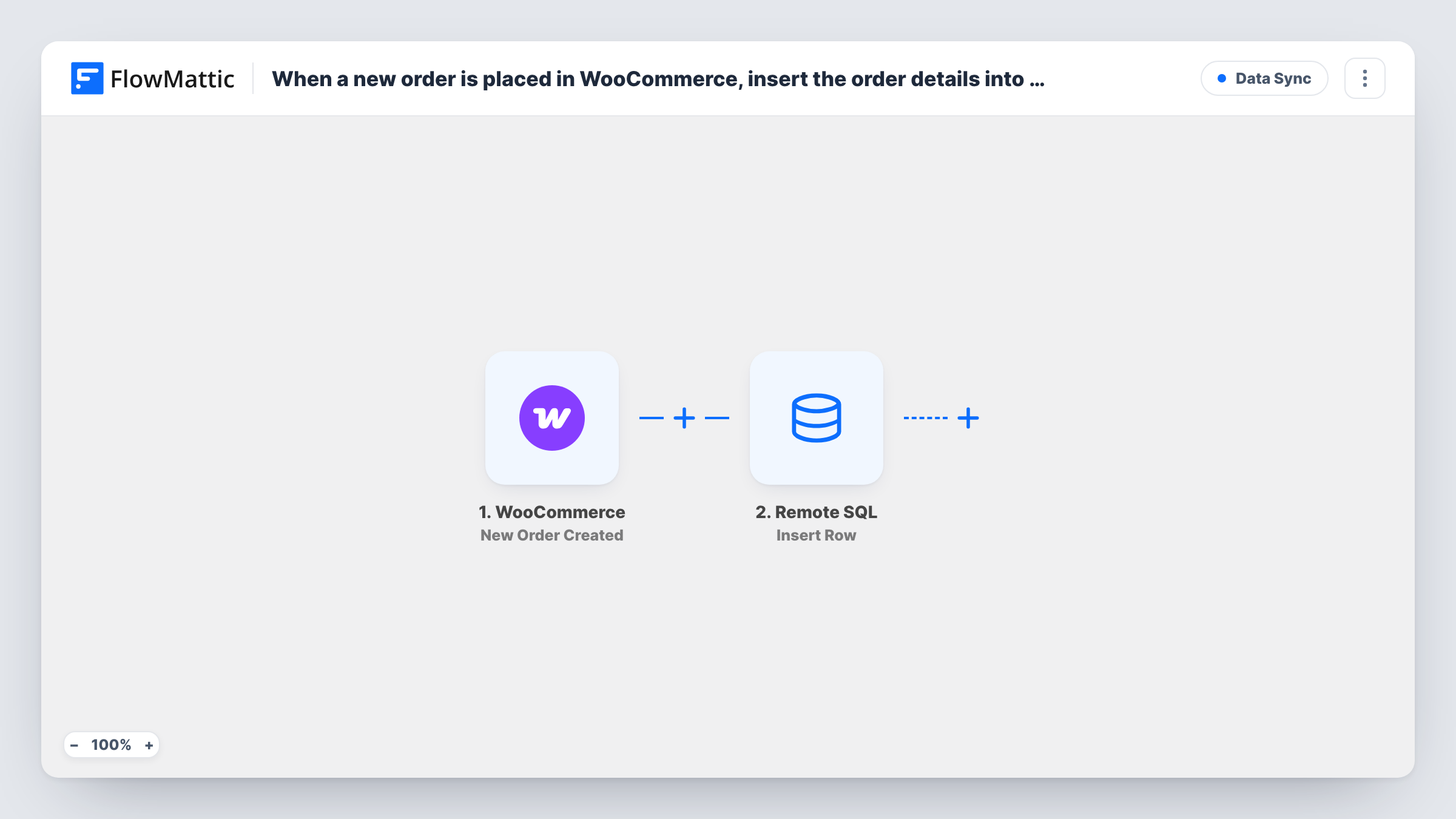 The When a new order is placed in WooCommerce, insert the order details into your remote analytics database for custom reporting workflow on the FlowMattic canvas, with 2 steps across WooCommerce, Remote SQL