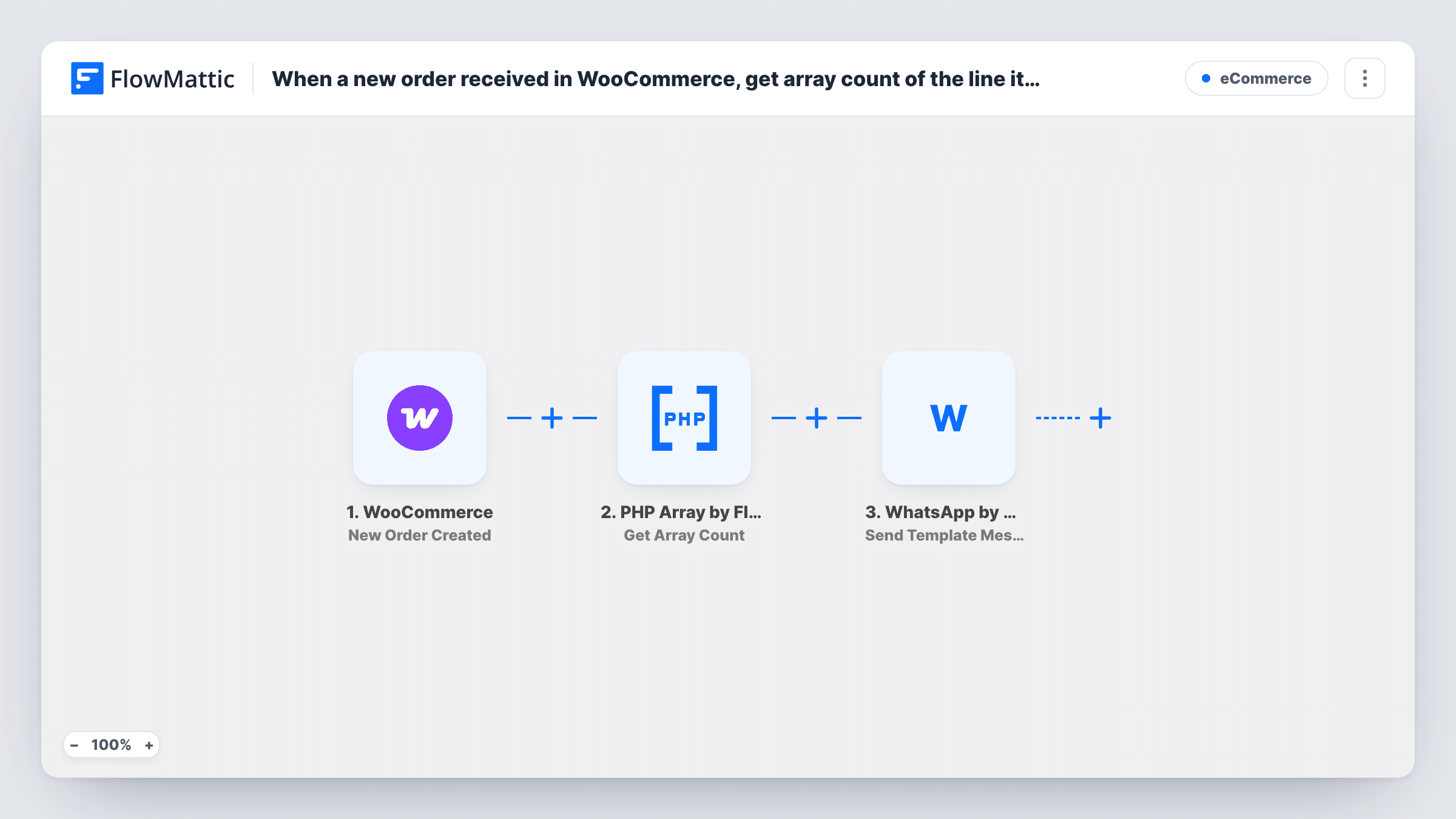 The When a new order received in WooCommerce, get array count of the line items using PHP Array module, and send WhatsApp template message to user using WA.Team workflow on the FlowMattic canvas, with 3 steps across WooCommerce, PHP Array by FlowMattic, WhatsApp by WA.Team