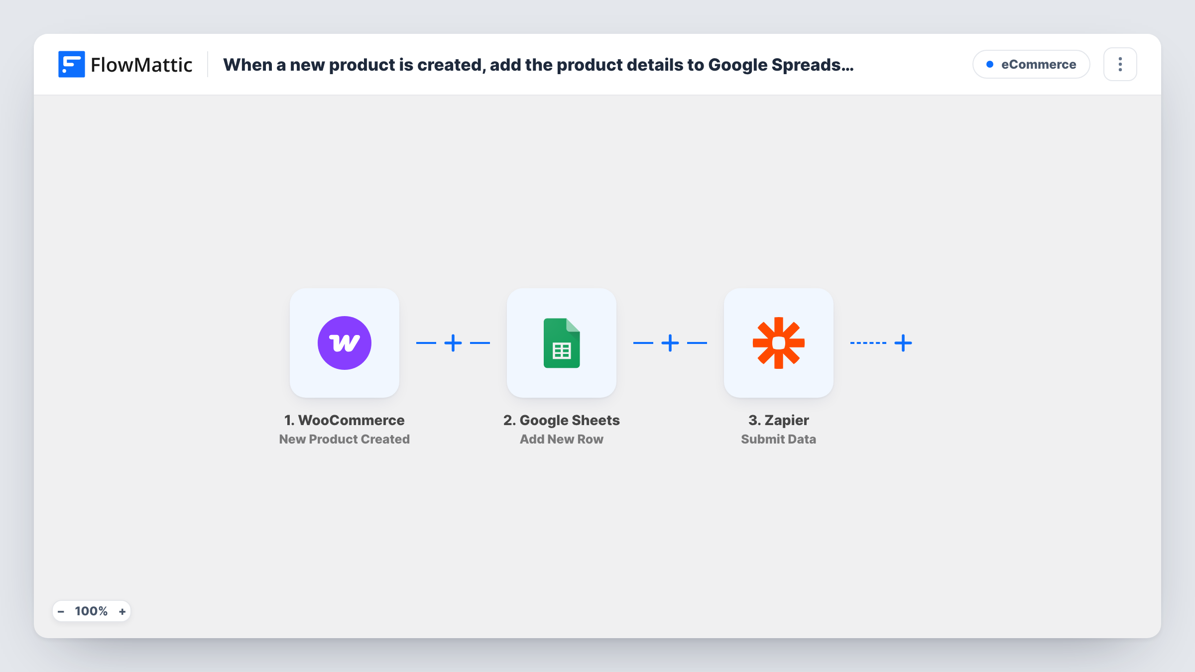 When a new product is created, add the product details to Google Spreadsheet and share the product details to Zapier