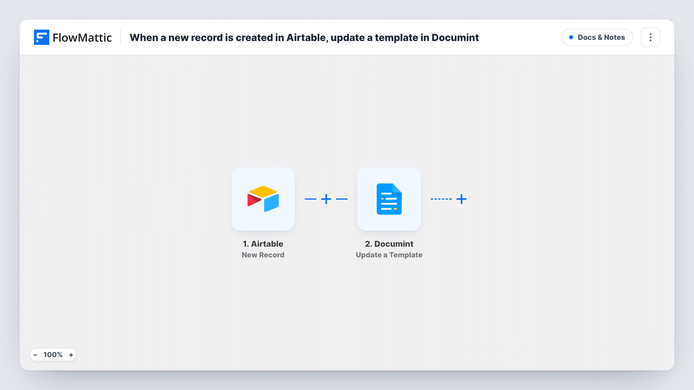 The When a new record is created in Airtable, update a template in Documint workflow on the FlowMattic canvas, with 2 steps across Airtable, Documint