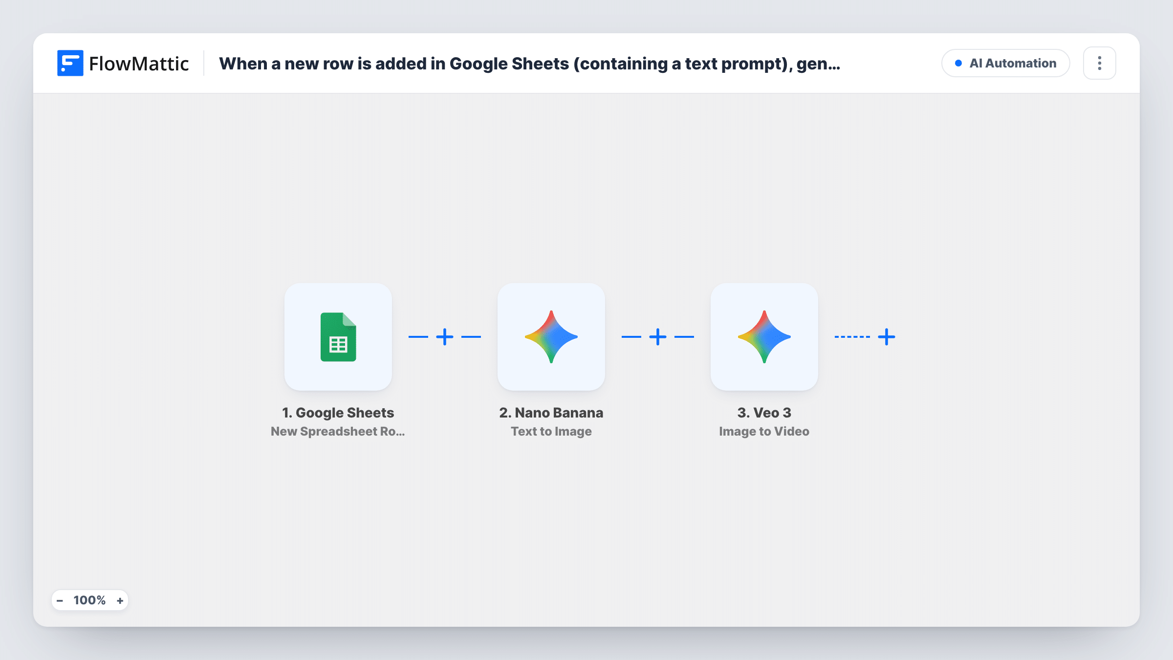The When a new row is added in Google Sheets (containing a text prompt), generate an AI image in Nano Banana, then turn that image into a video in Veo 3 workflow on the FlowMattic canvas, with 3 steps across Google Sheets, Nano Banana, Veo 3