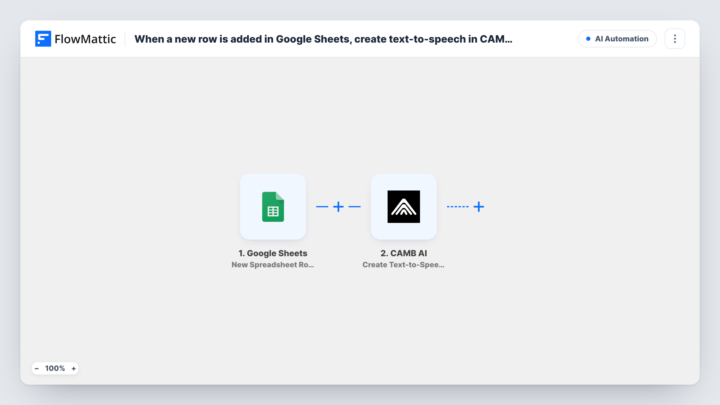 The When a new row is added in Google Sheets, create text-to-speech in CAMB AI workflow on the FlowMattic canvas, with 2 steps across Google Sheets, CAMB AI