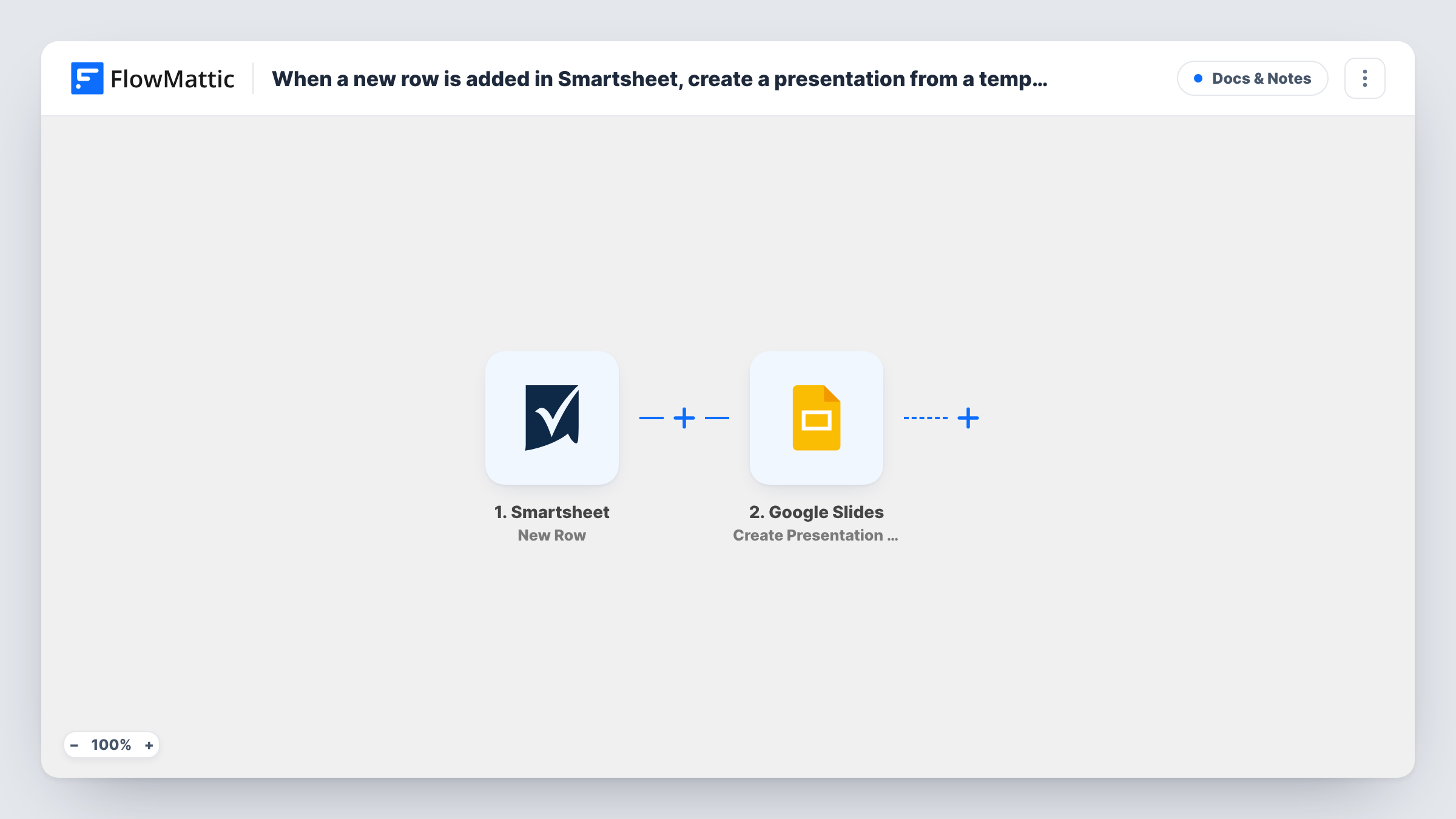 The When a new row is added in Smartsheet, create a presentation from a template in Google Slides workflow on the FlowMattic canvas, with 2 steps across Smartsheet, Google Slides