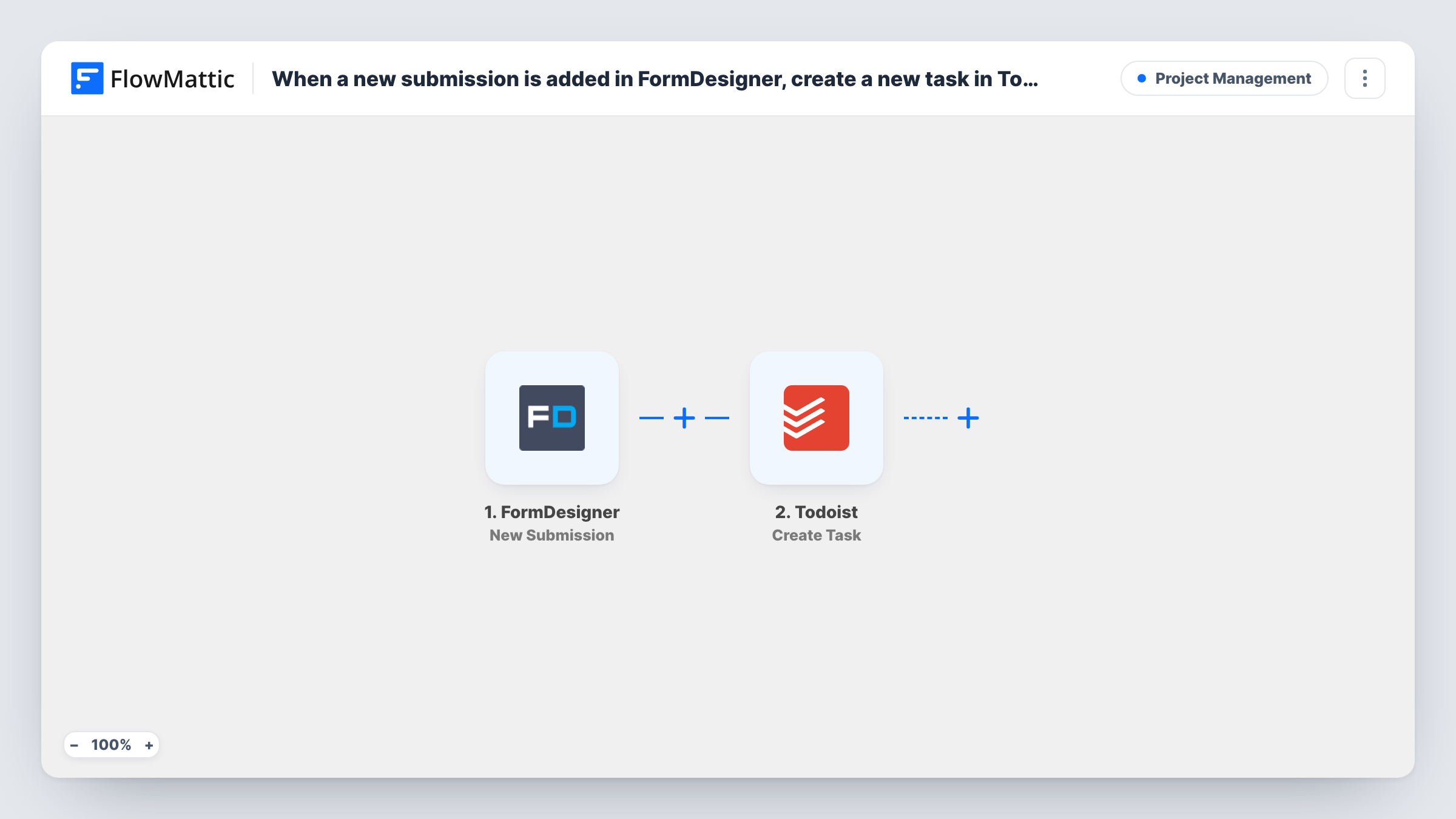 The When a new submission is added in FormDesigner, create a new task in Todoist workflow on the FlowMattic canvas, with 2 steps across FormDesigner, Todoist