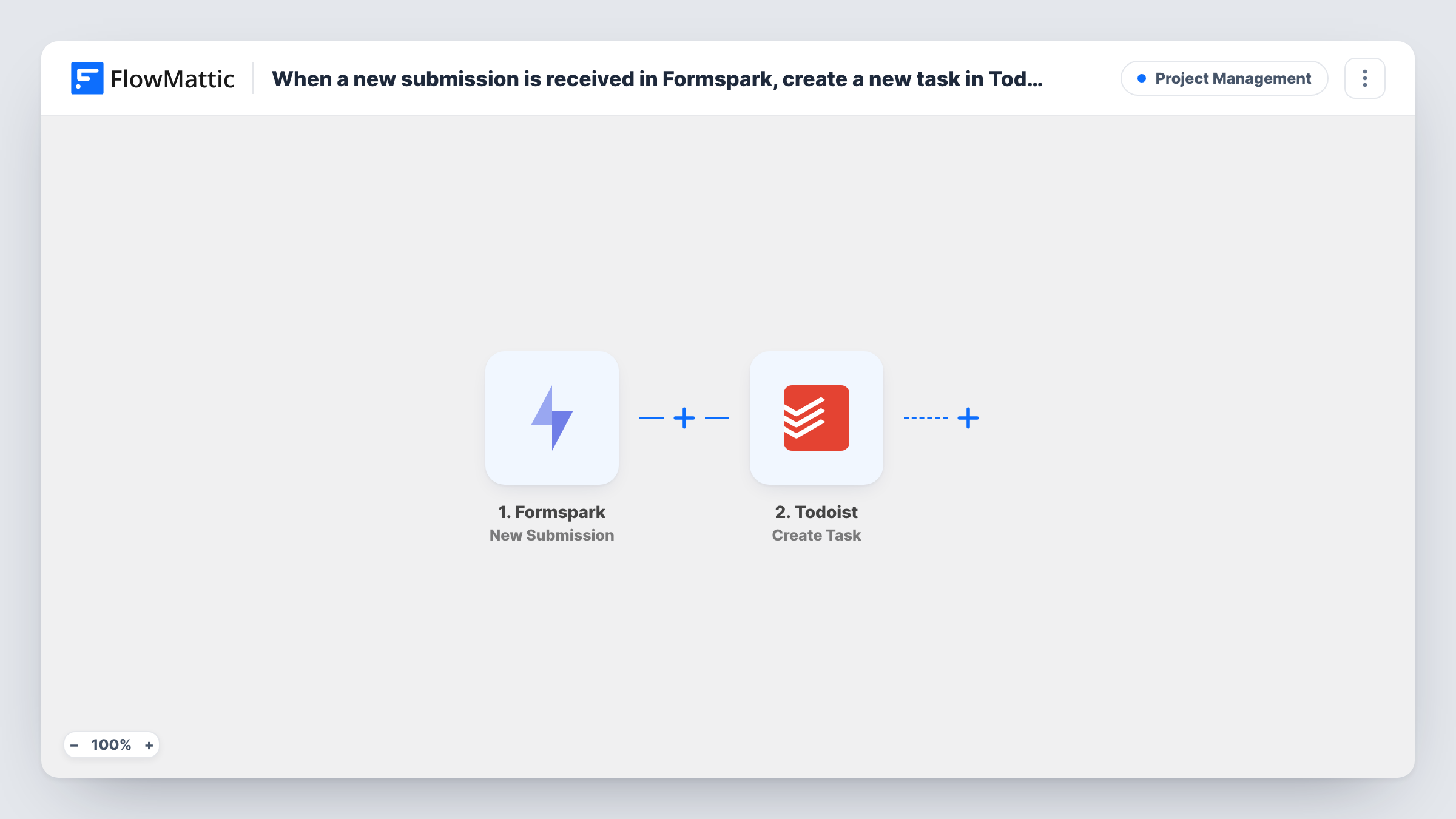The When a new submission is received in Formspark, create a new task in Todoist workflow on the FlowMattic canvas, with 2 steps across Formspark, Todoist
