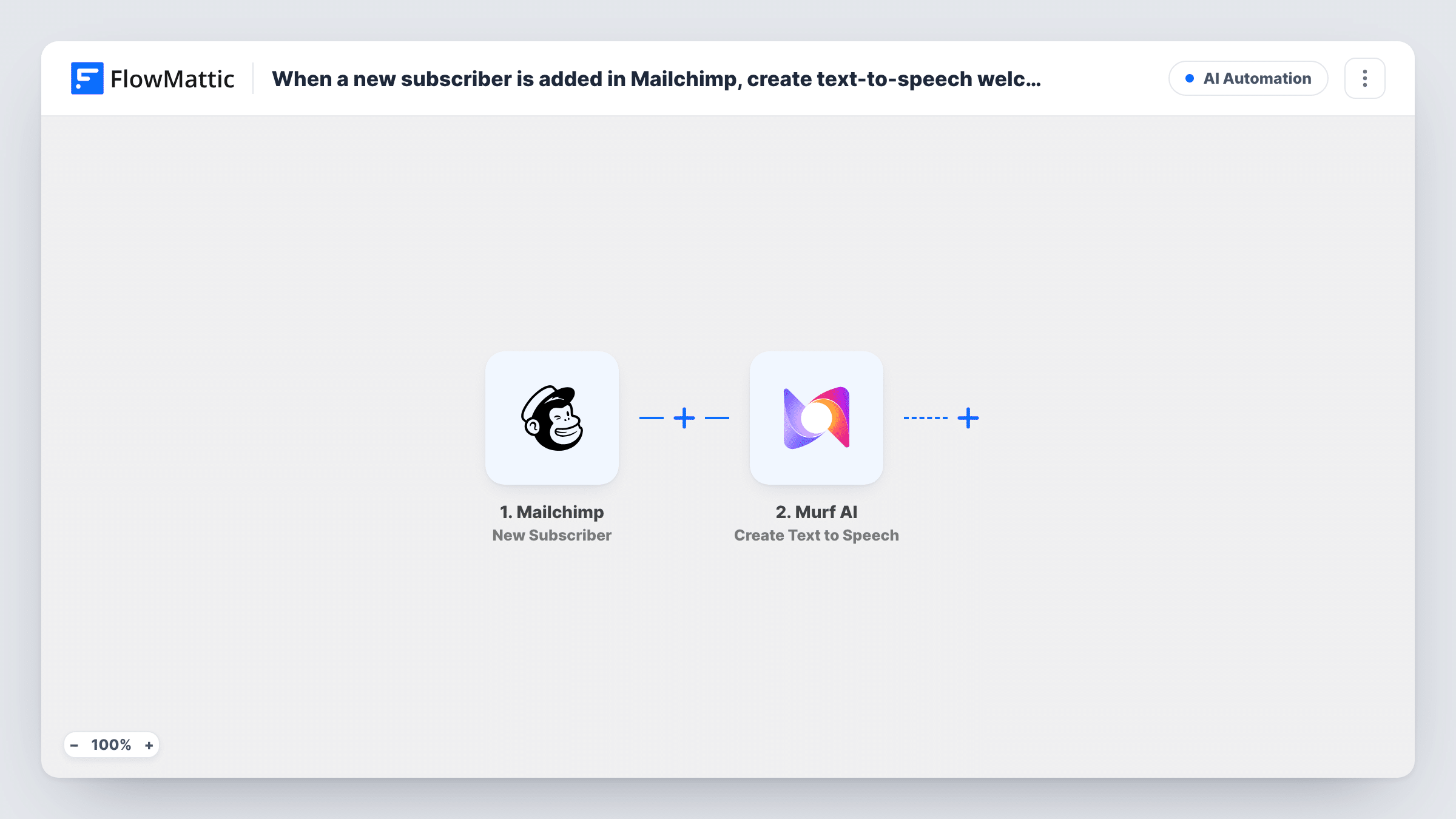 The When a new subscriber is added in Mailchimp, create text-to-speech welcome message in Murf AI workflow on the FlowMattic canvas, with 2 steps across Mailchimp, Murf AI