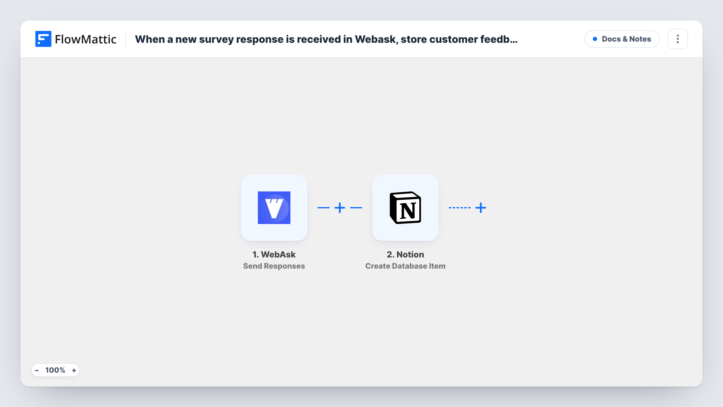 The When a new survey response is received in Webask, store customer feedback in Notion workflow on the FlowMattic canvas, with 2 steps across WebAsk, Notion