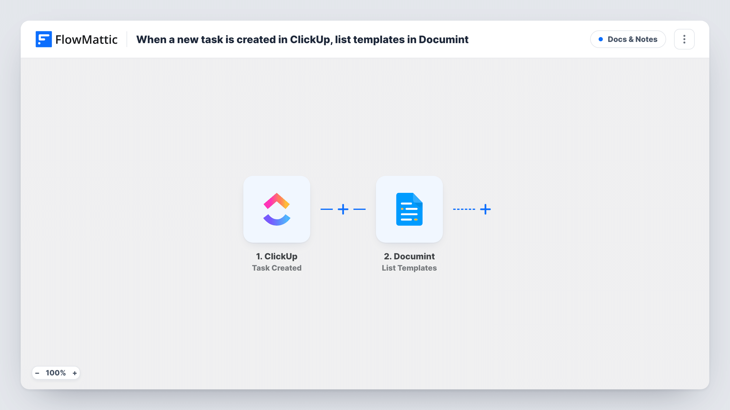The When a new task is created in ClickUp, list templates in Documint workflow on the FlowMattic canvas, with 2 steps across ClickUp, Documint