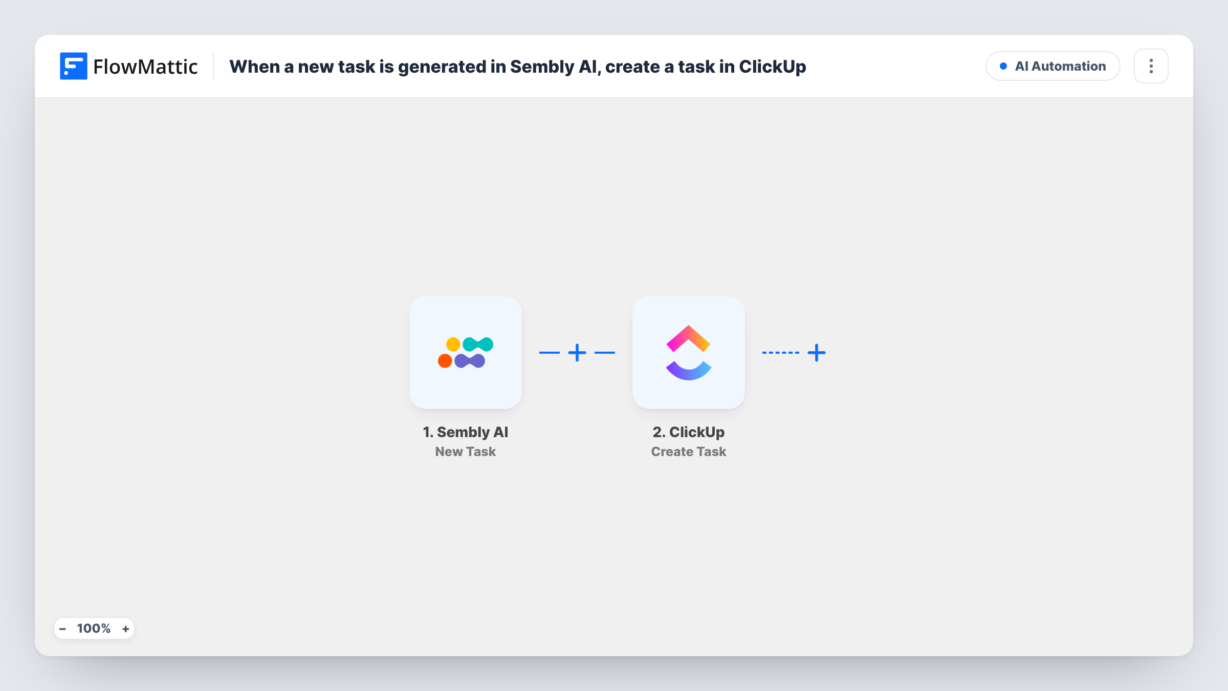 The When a new task is generated in Sembly AI, create a task in ClickUp workflow on the FlowMattic canvas, with 2 steps across Sembly AI, ClickUp