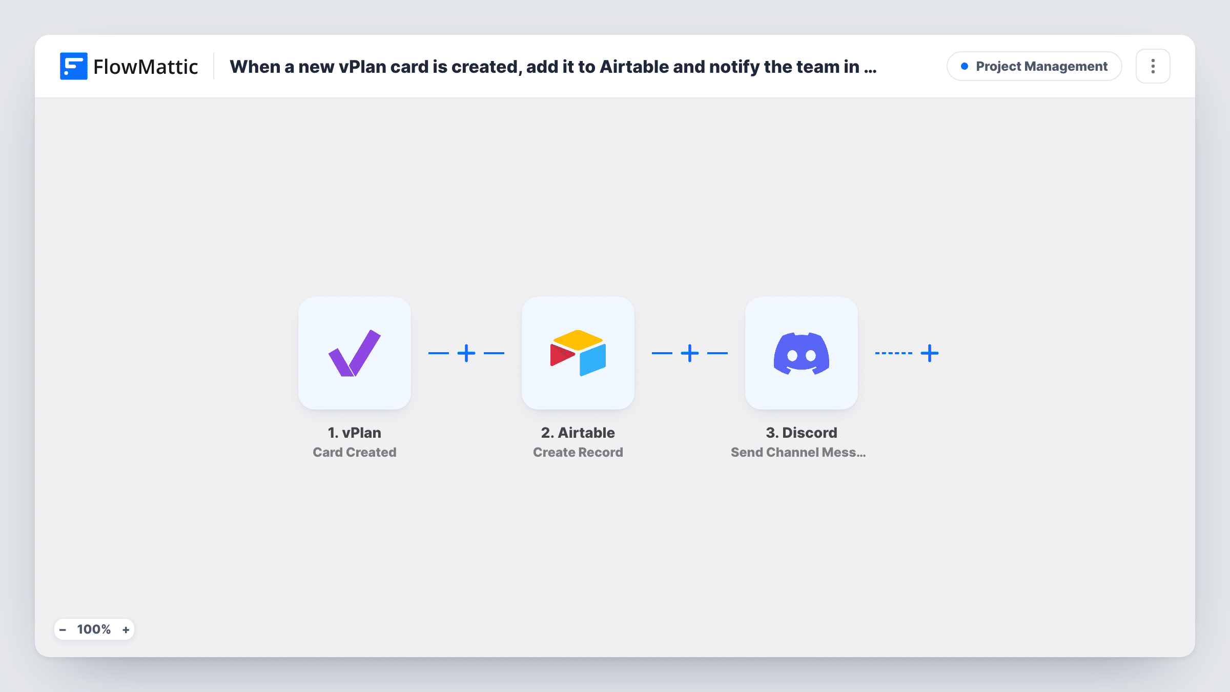The When a new vPlan card is created, add it to Airtable and notify the team in Discord workflow on the FlowMattic canvas, with 3 steps across vPlan, Airtable, Discord