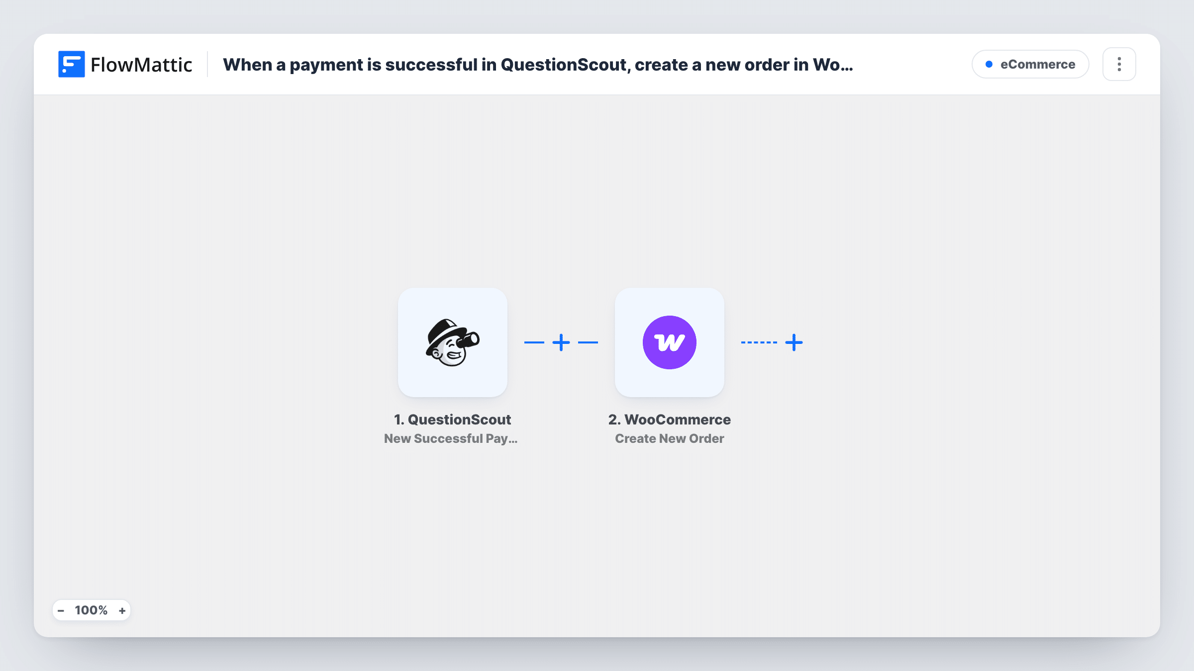 The When a payment is successful in QuestionScout, create a new order in WooCommerce workflow on the FlowMattic canvas, with 2 steps across QuestionScout, WooCommerce