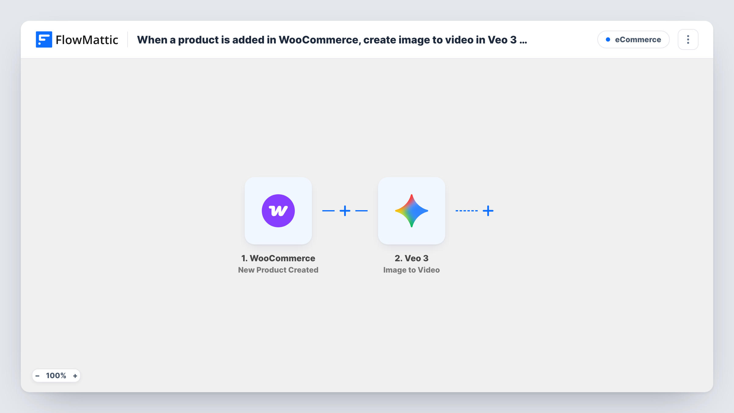 The When a product is added in WooCommerce, create image to video in Veo 3 for product showcase workflow on the FlowMattic canvas, with 2 steps across WooCommerce, Veo 3