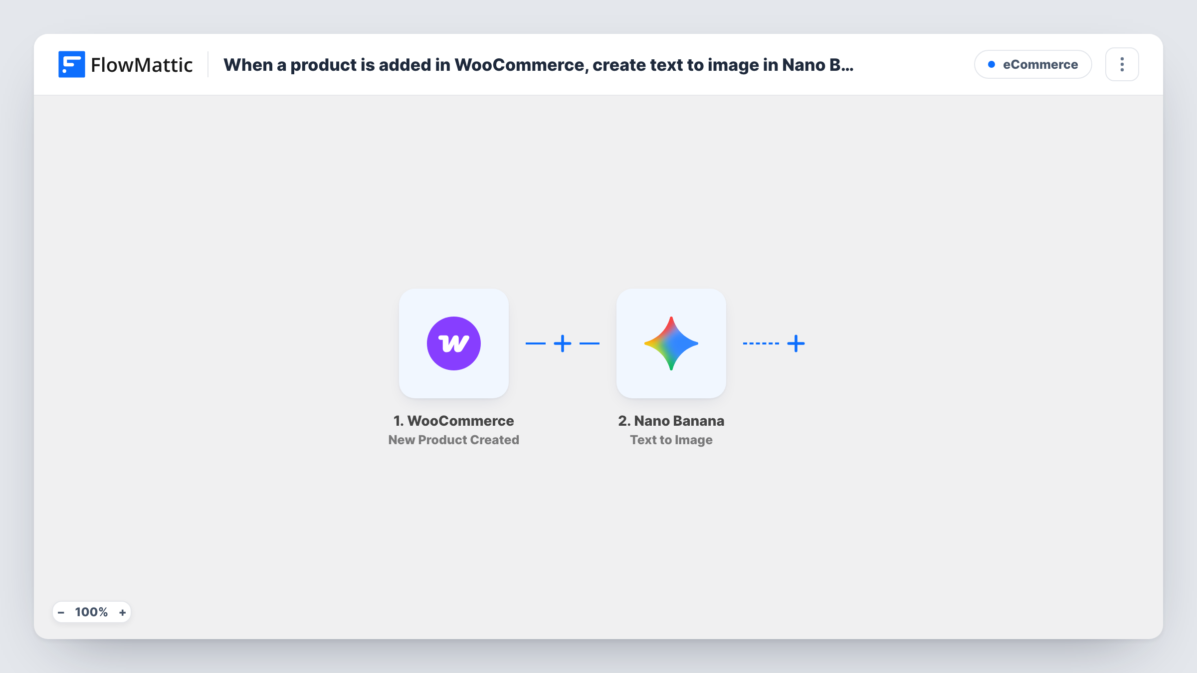 The When a product is added in WooCommerce, create text to image in Nano Banana for product visualization workflow on the FlowMattic canvas, with 2 steps across WooCommerce, Nano Banana