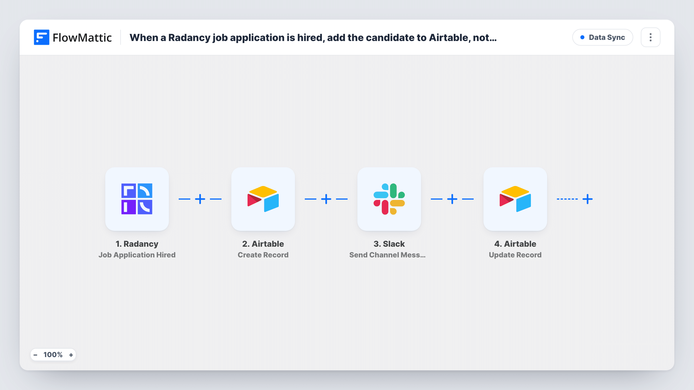 The When a Radancy job application is hired, add the candidate to Airtable, notify the hiring team in Slack, then mark the Airtable record as hired workflow on the FlowMattic canvas, with 4 steps across Radancy, Airtable, Slack